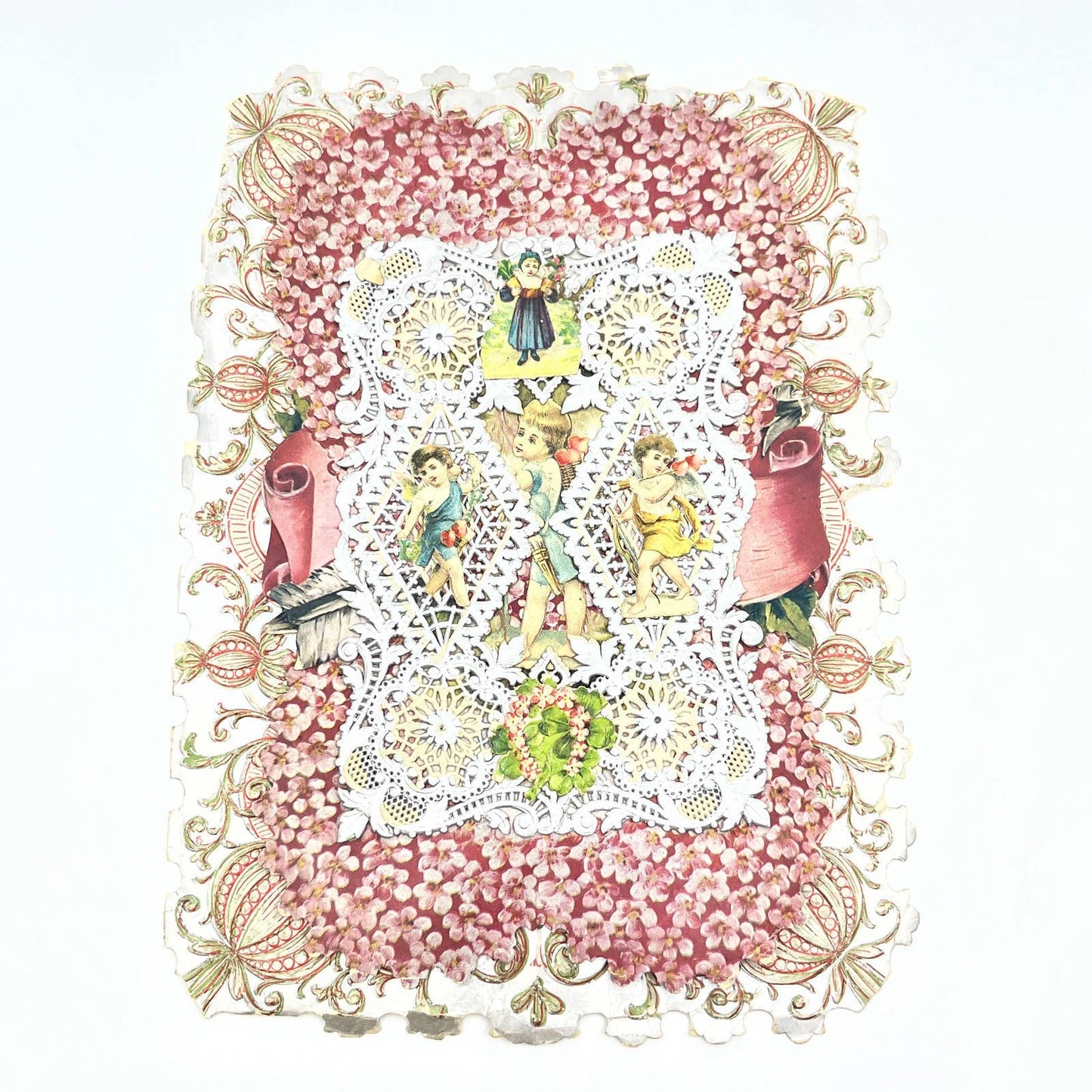 1880s Victorian Die Cut Ornate Greeting Card Cherubs and Flowers AB7