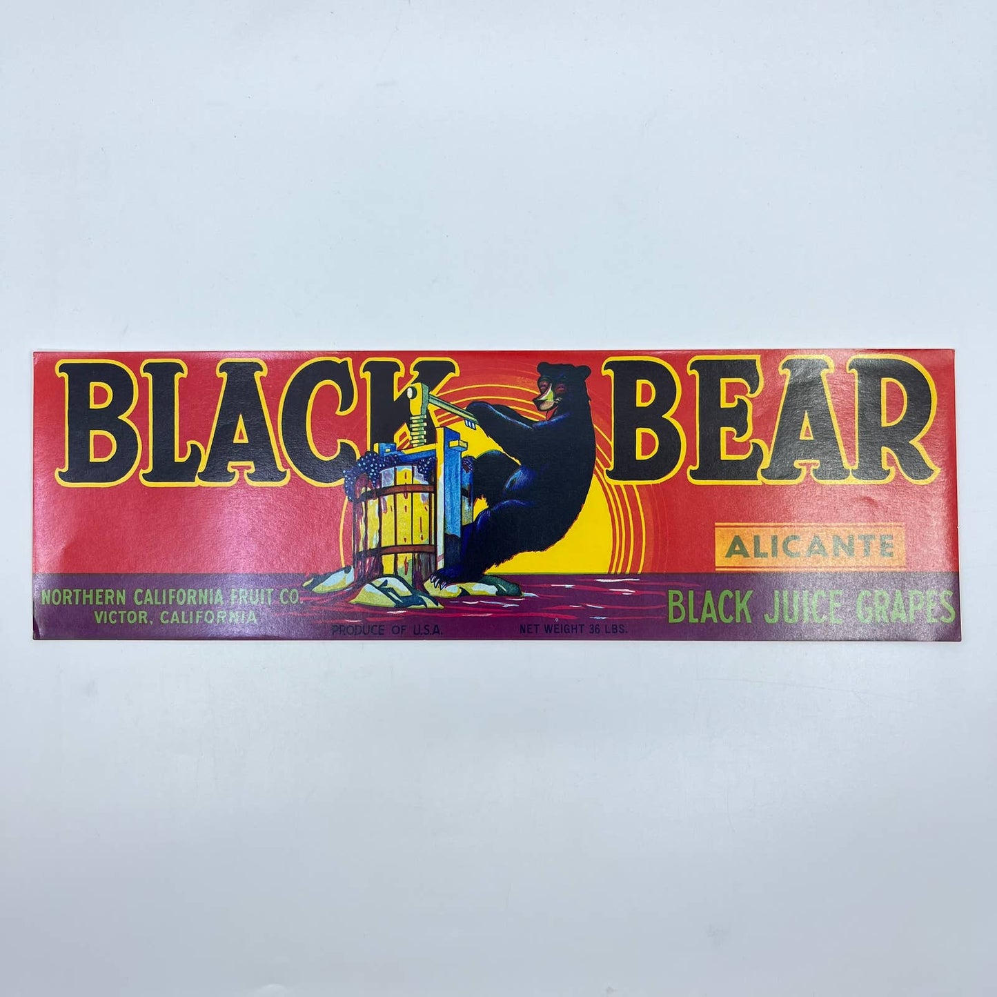 Black Bear Brand Crate Label Black Juice Grapes California Fruit Co FL3