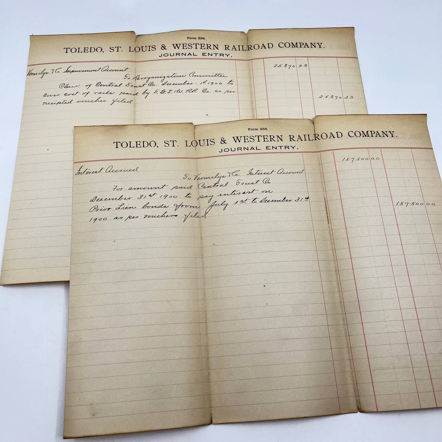 1900 Toledo, St. Louis & Western Railroad Company Journal Entry Lot of 2 AB2-3