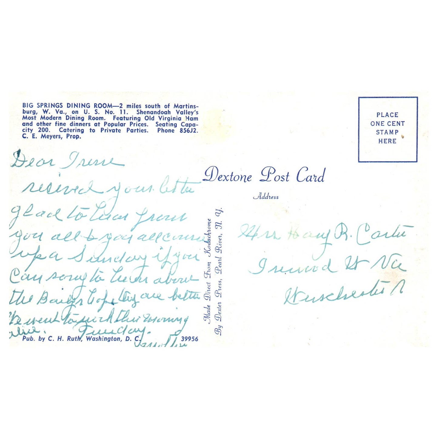 Vintage Postcard - Big Springs Dining Room C.E. Meyers Martinsburg W. Va AD9