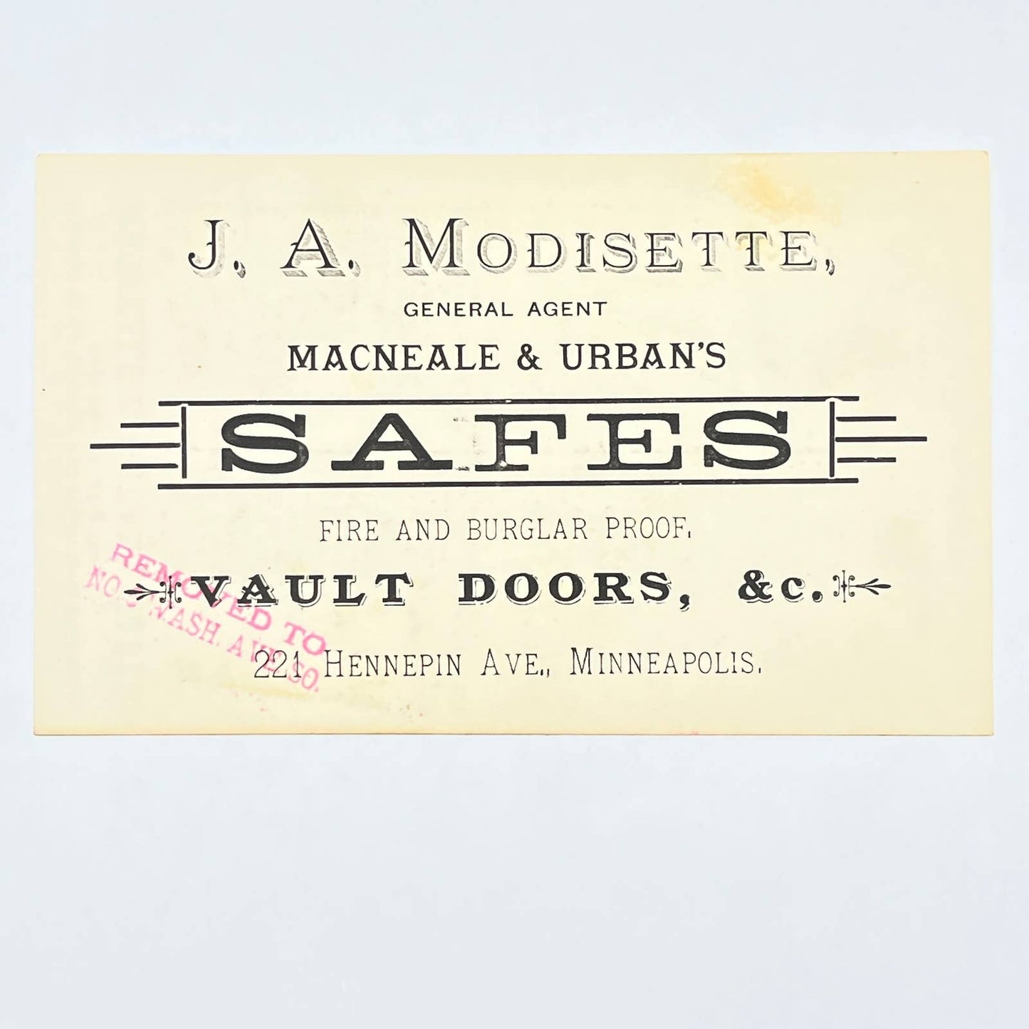 c1900 Trade Card J.A. Modisette McNeal & Urban Safes Vault Doors Minneapolis AC2