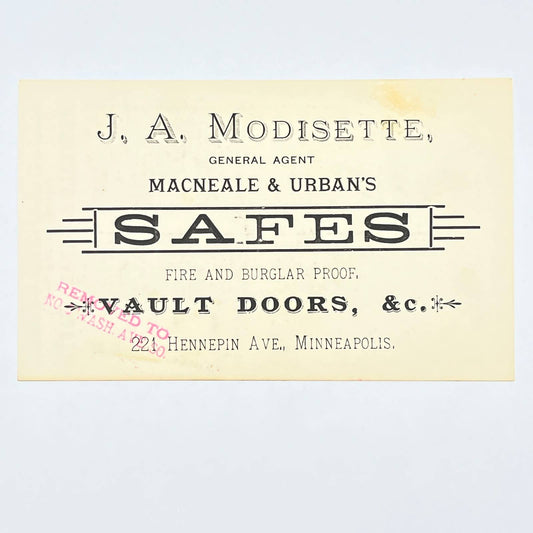 c1900 Trade Card J.A. Modisette McNeal & Urban Safes Vault Doors Minneapolis AC2
