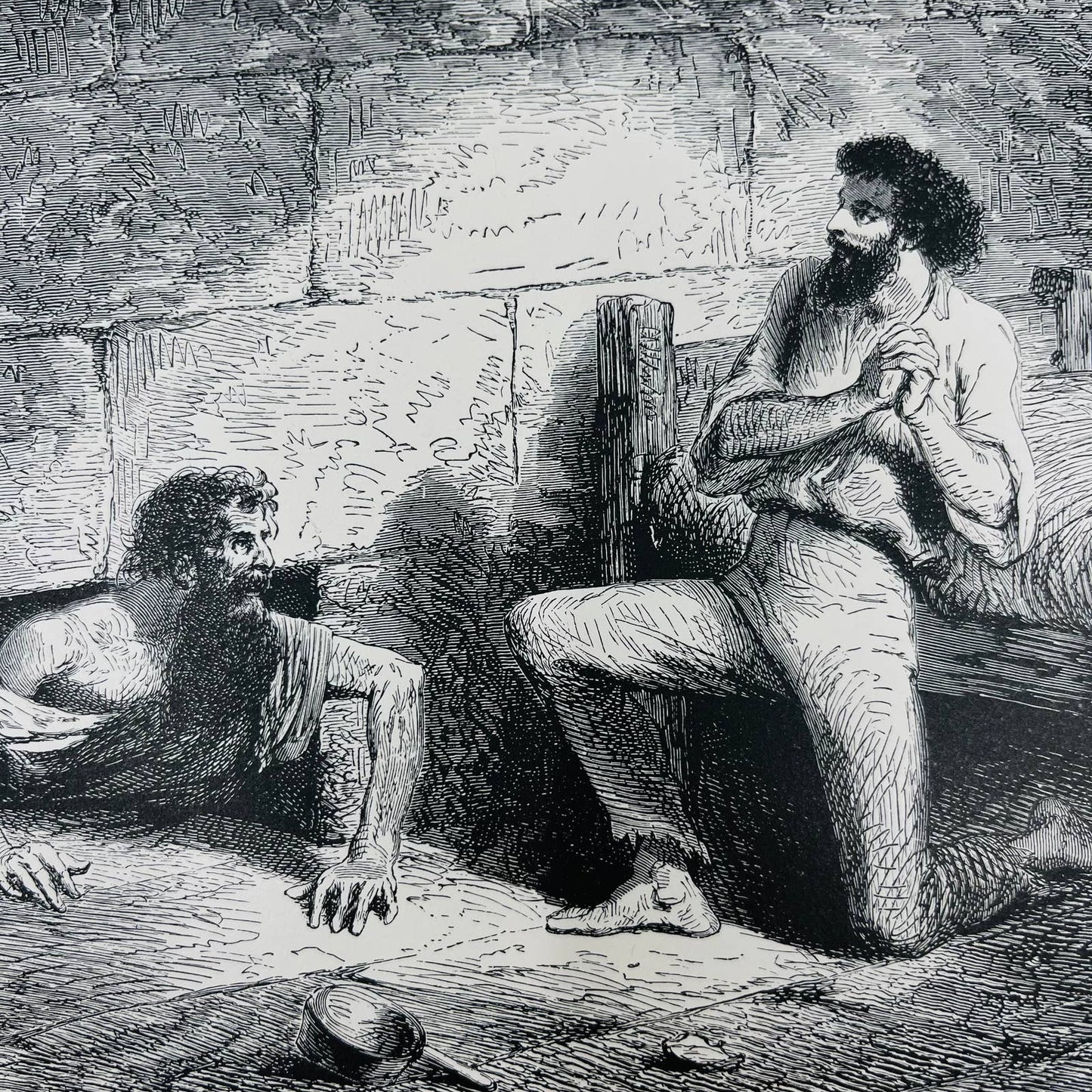 1880s Victorian Art Print Engraving Dumas FARIA ENTERS DANTE’S CELL Janet Lange