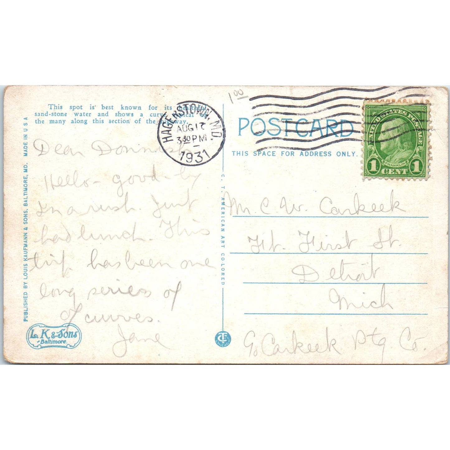 Forest Park Sideling Hill Mtn Cumberland Hagerstown MD 1931 - Postcard TJ7-RP2