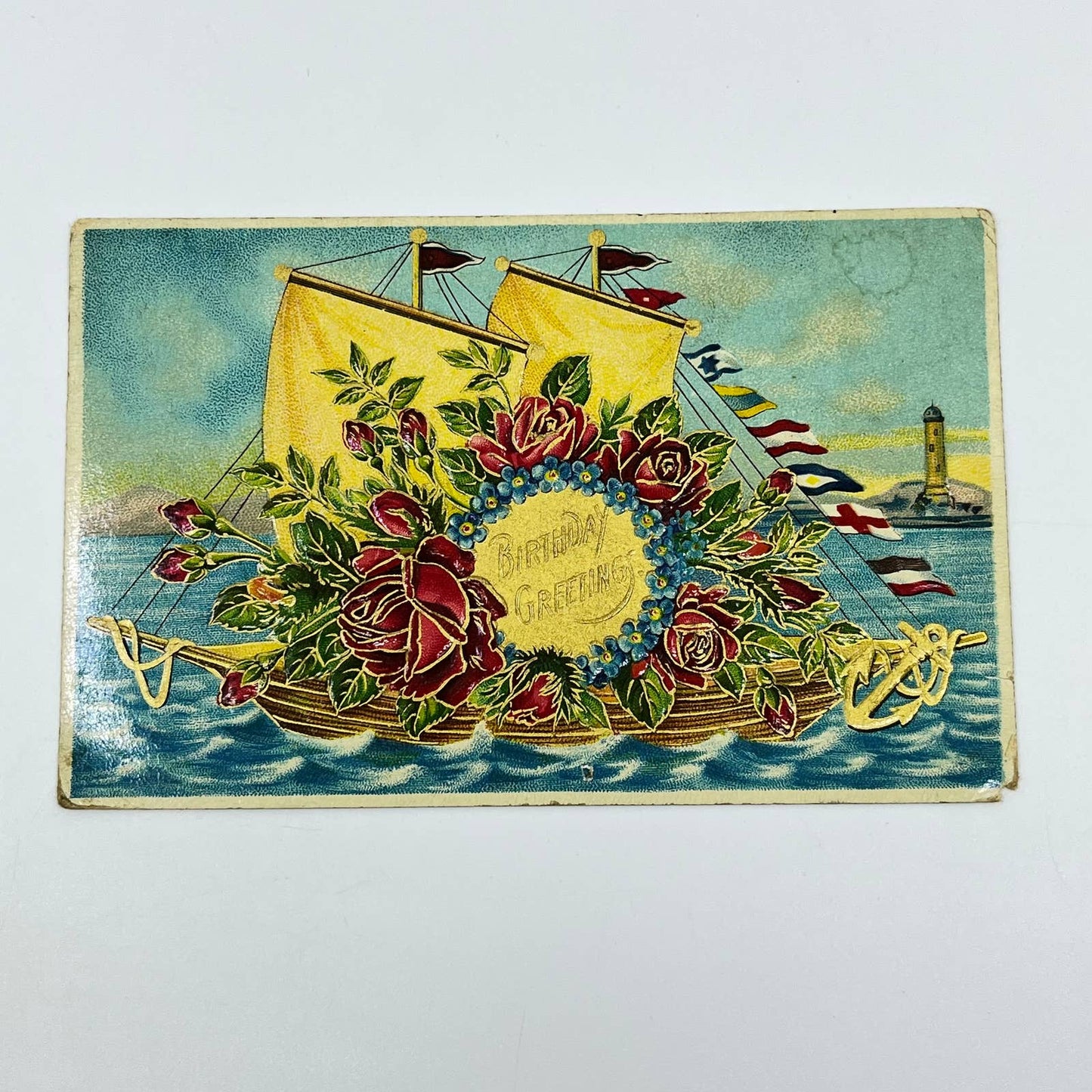 1910s Postcard Birthday Embossed Clipper Ship Lighthouse Gilt SC9