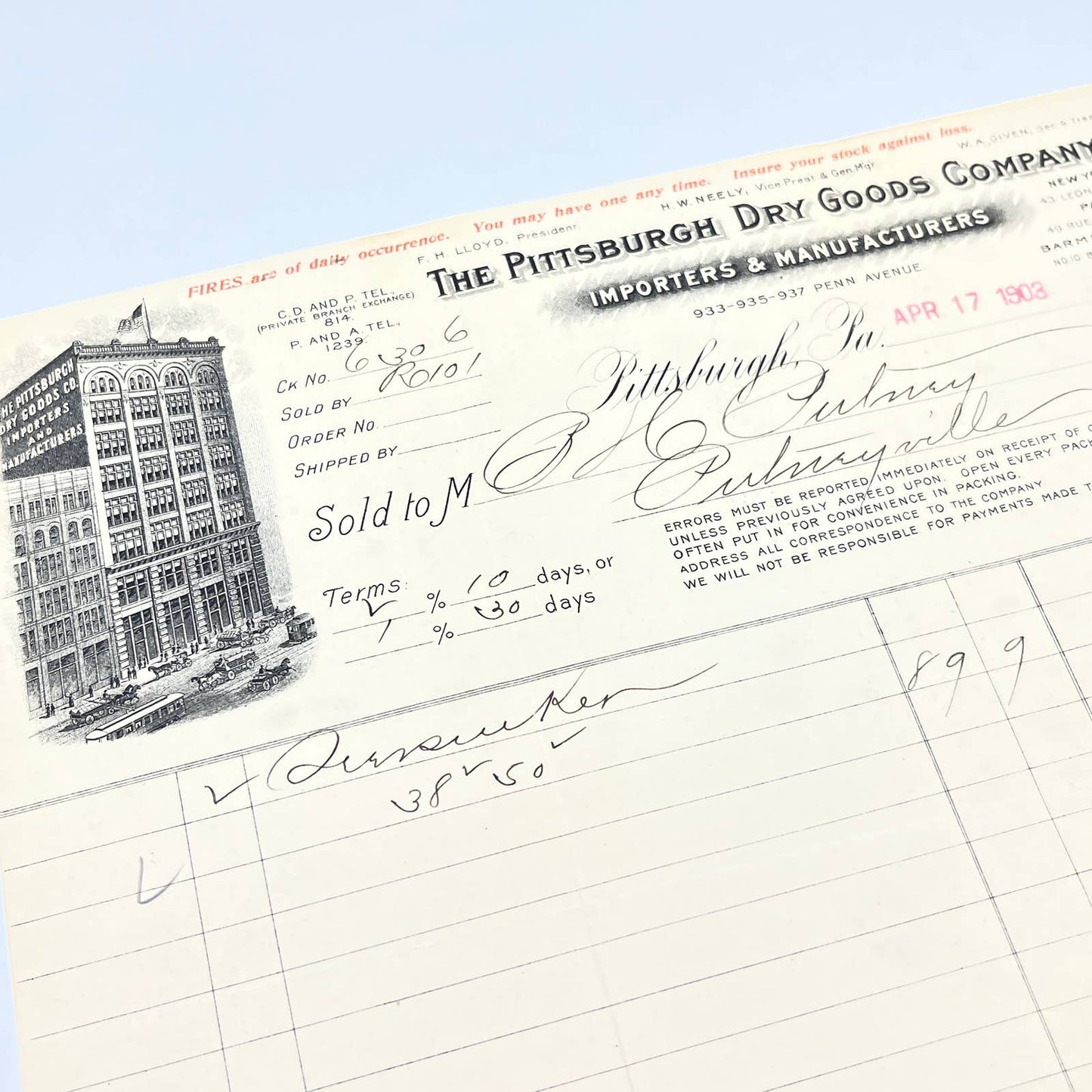 1903 The Pittsburgh Dry Goods Company Billhead Letterhead PA AC2