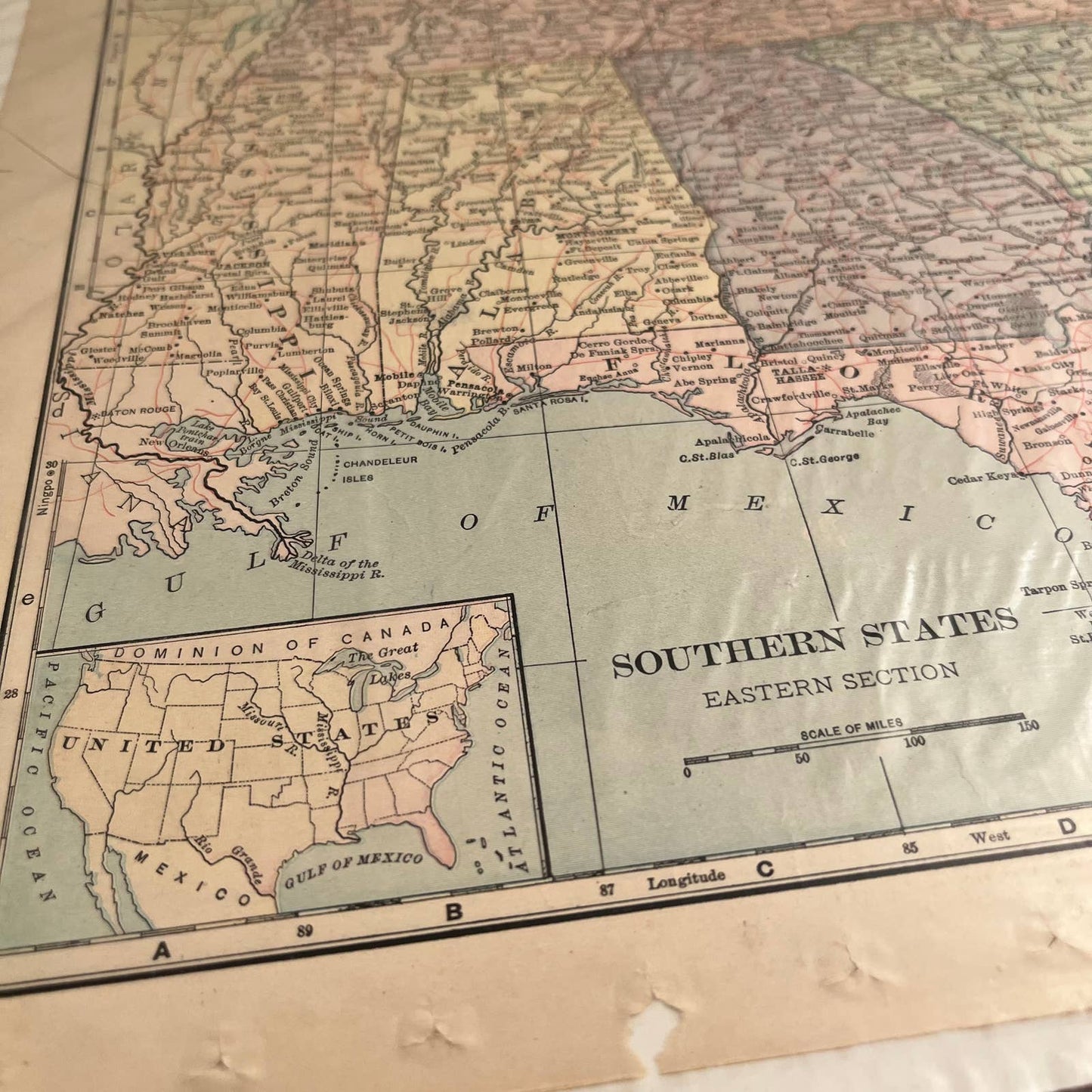 Antique 1903 Map of SOUTHERN STATES USA Color 10 x 12” FL5