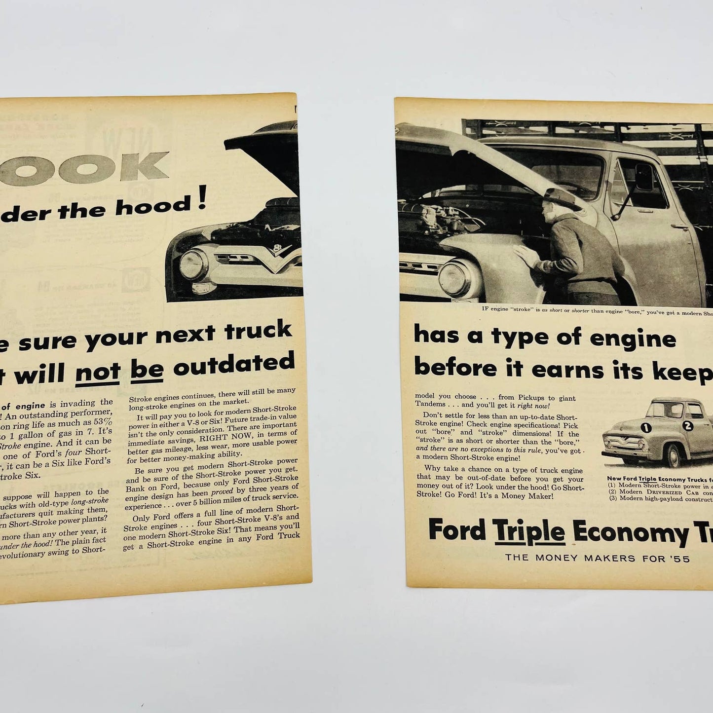 Vintage Advertisement 1955 Ford Triple Economy Trucks Pickup 2 Separate Page AA1