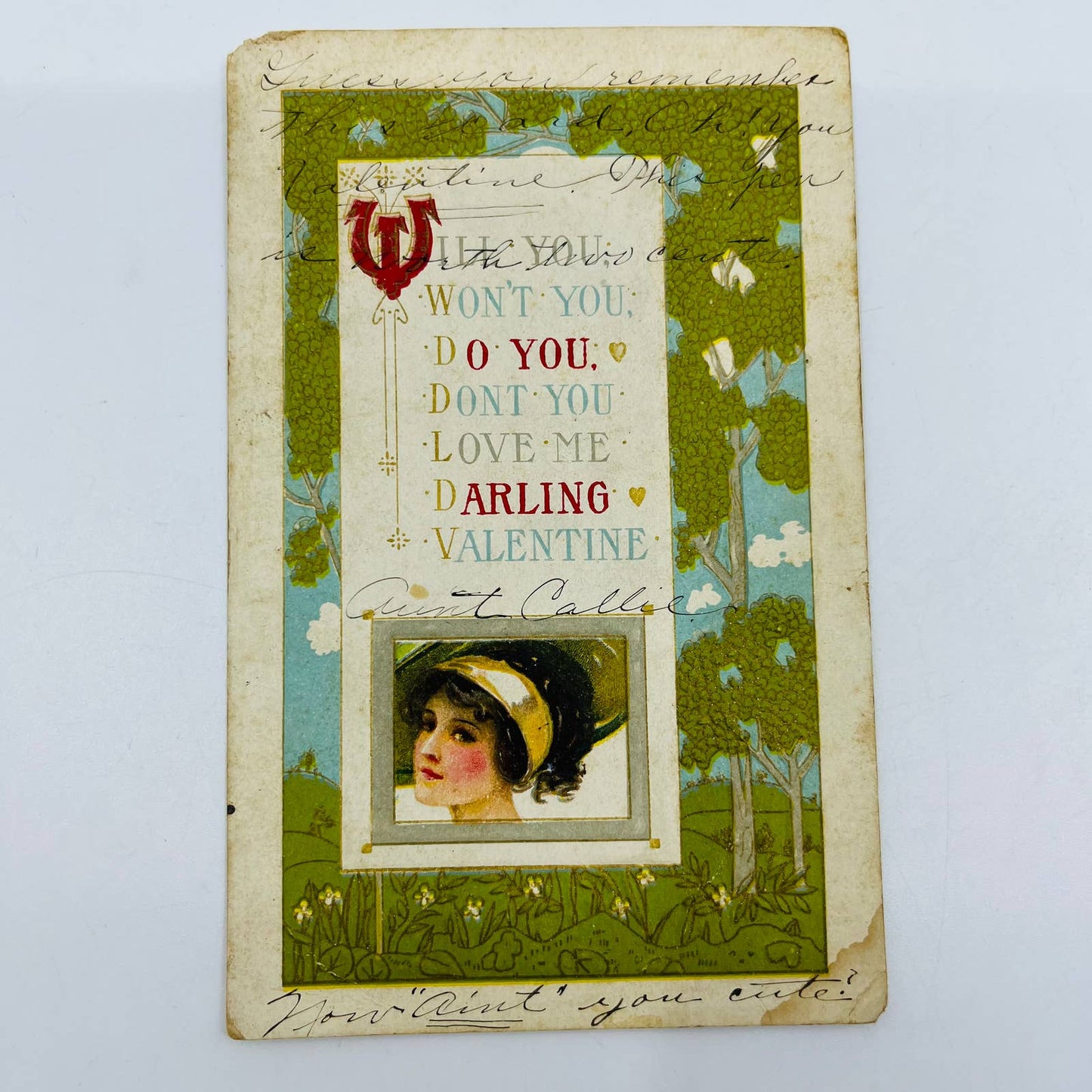 1914 Valentine’s Post Card Victorian Lady Poem Embossed Trees PA3