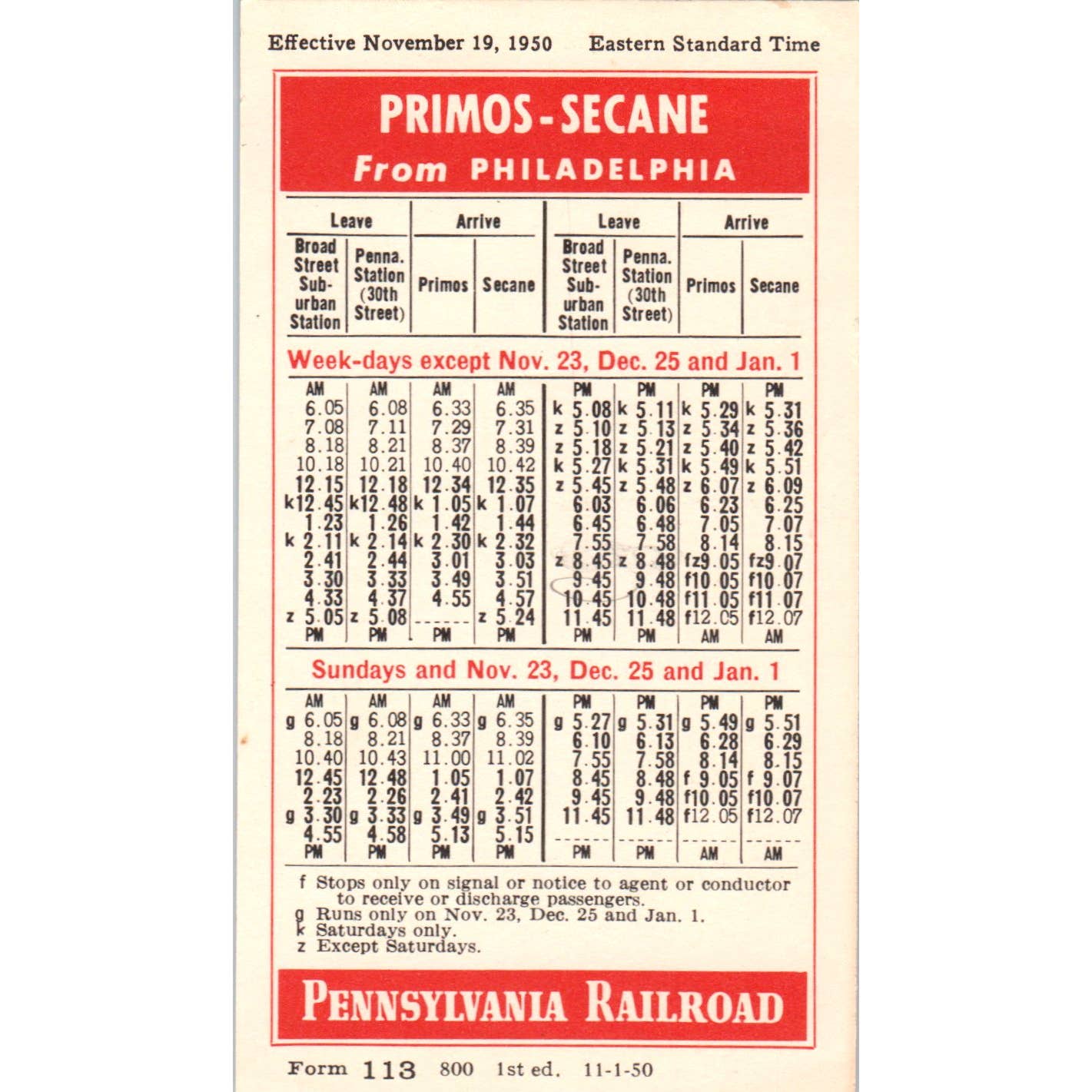 1950 Pennsylvania Railroad Secane-Primos Philadelphia Timetable SE8