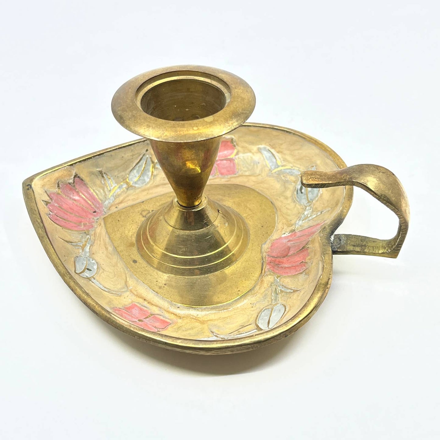 Vintage hand painted brass and enamel Cloisonne Style Heart candle holder TG3