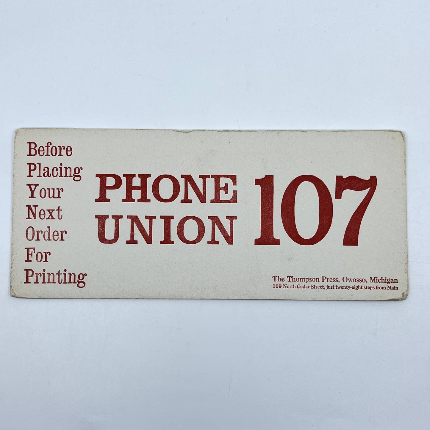 1910s Blotter Card Phone Union 107 The Thompson Press Printing Owosso MI SC9