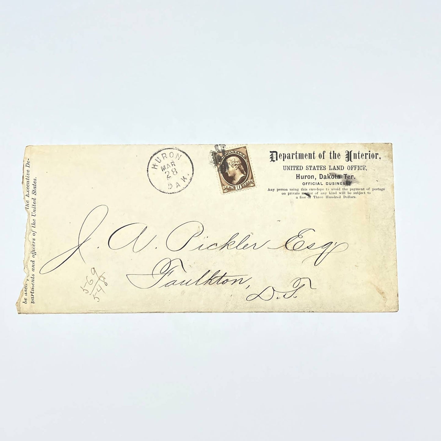 1800s Dept of the Interior Official Envelope w/ Wax Seal Dakota Territory AB7