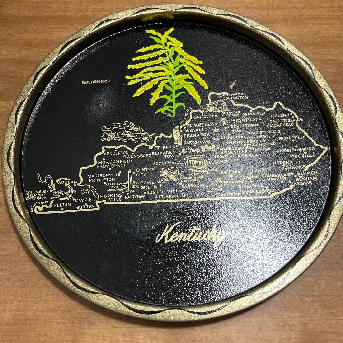 Vintage Black & Gold Metal State Souvenir Plate Tray Kentucky Goldenrod 11” TG7