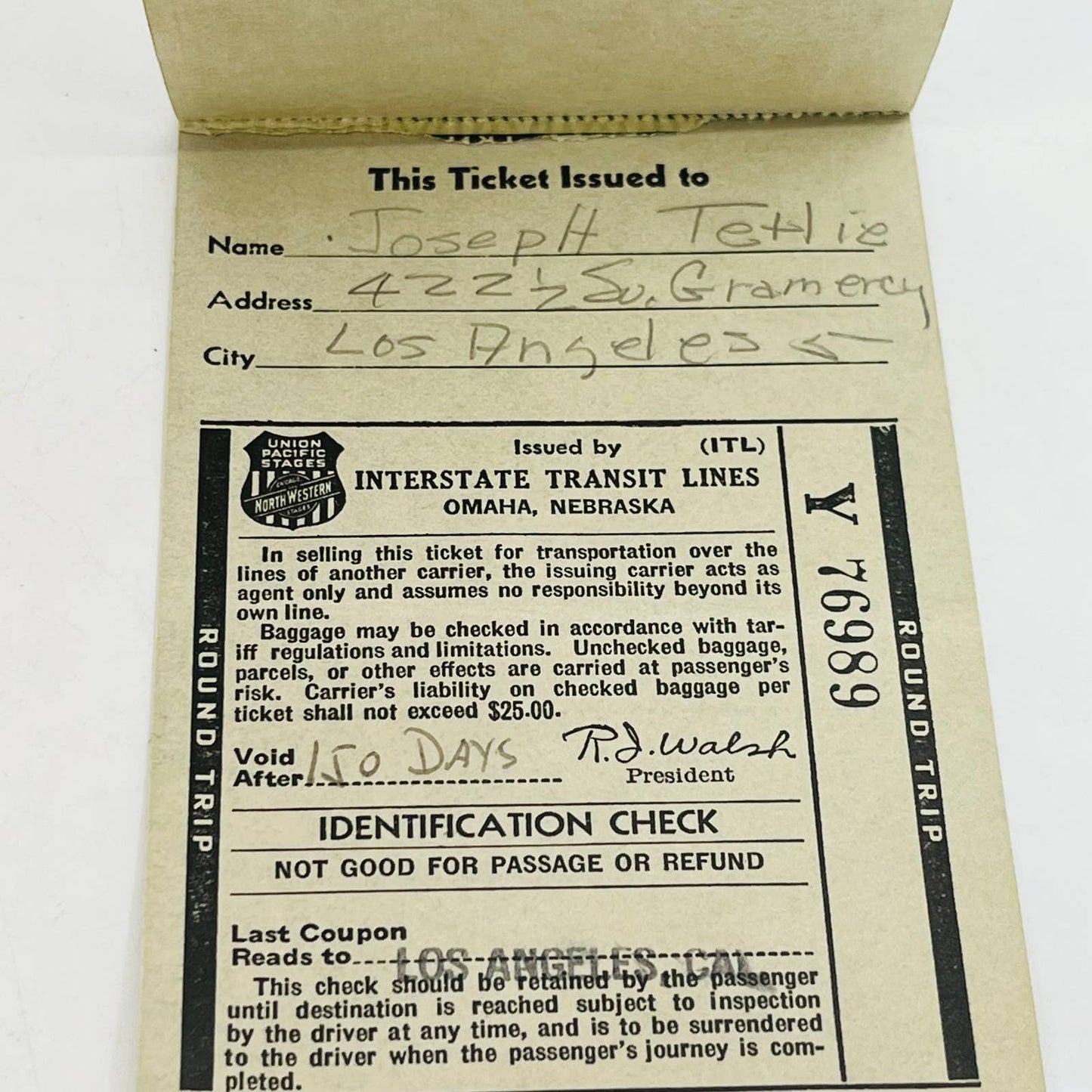 Union Pacific Stages Chicago Northwestern Bus Ticket Round Trip Los Angeles C5