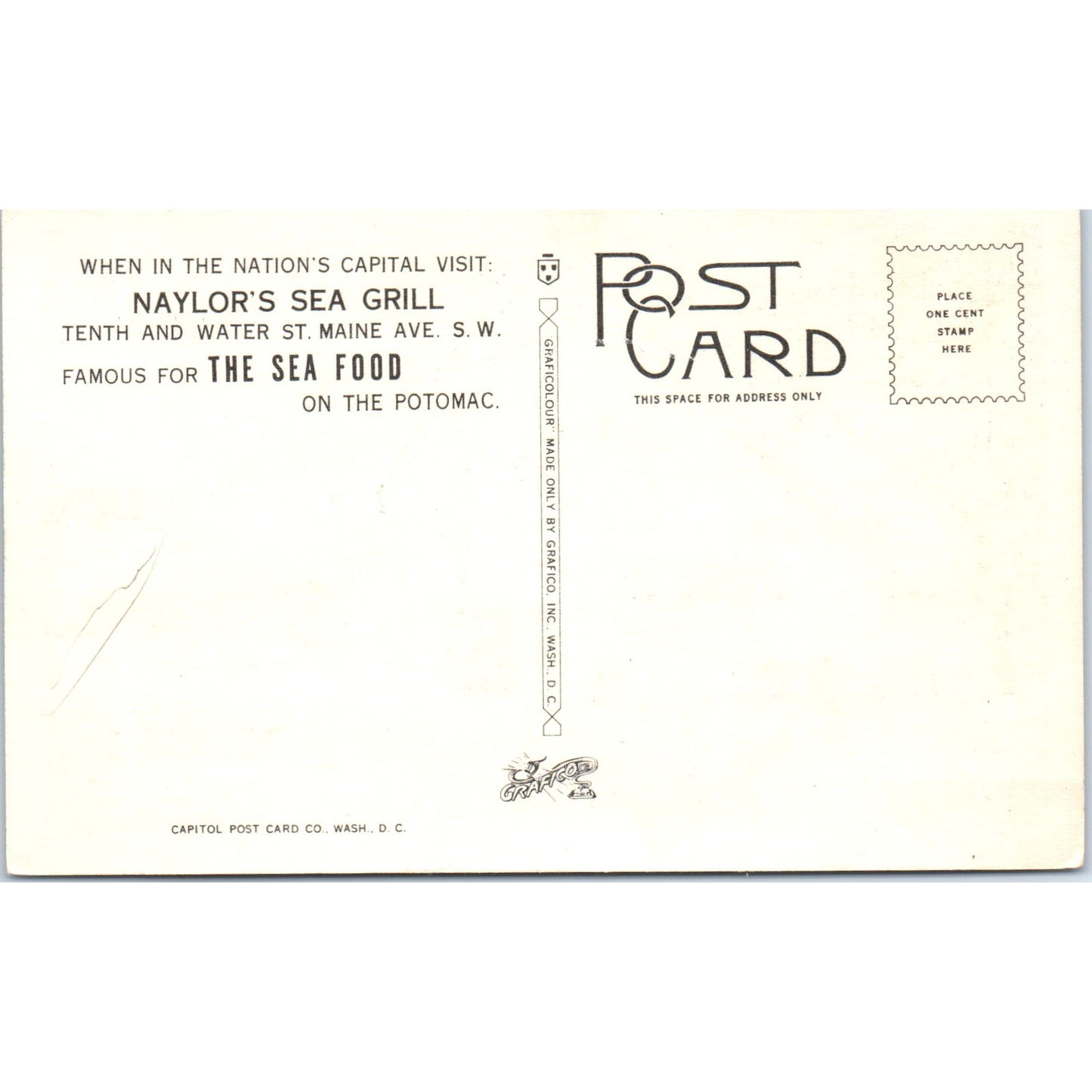 Naylor's Sea Grill on the Potomac Washington D.C. Original Postcard P1-16