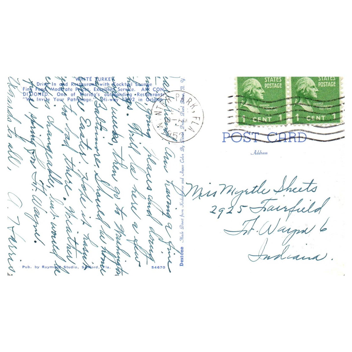 Vintage Postcard - White Turkey Drive-In & Restaurant Orlando Florida 1952 TJ6-1