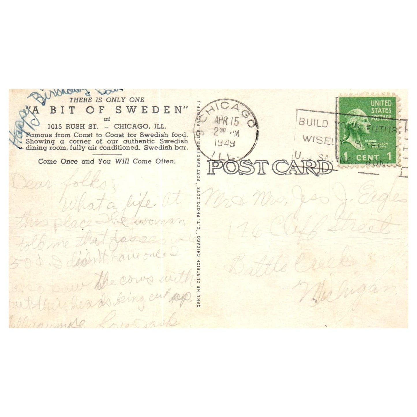 Vintage Postcard - A Bit of Sweden Restaurant Interior Chicago IL 1949 AD9