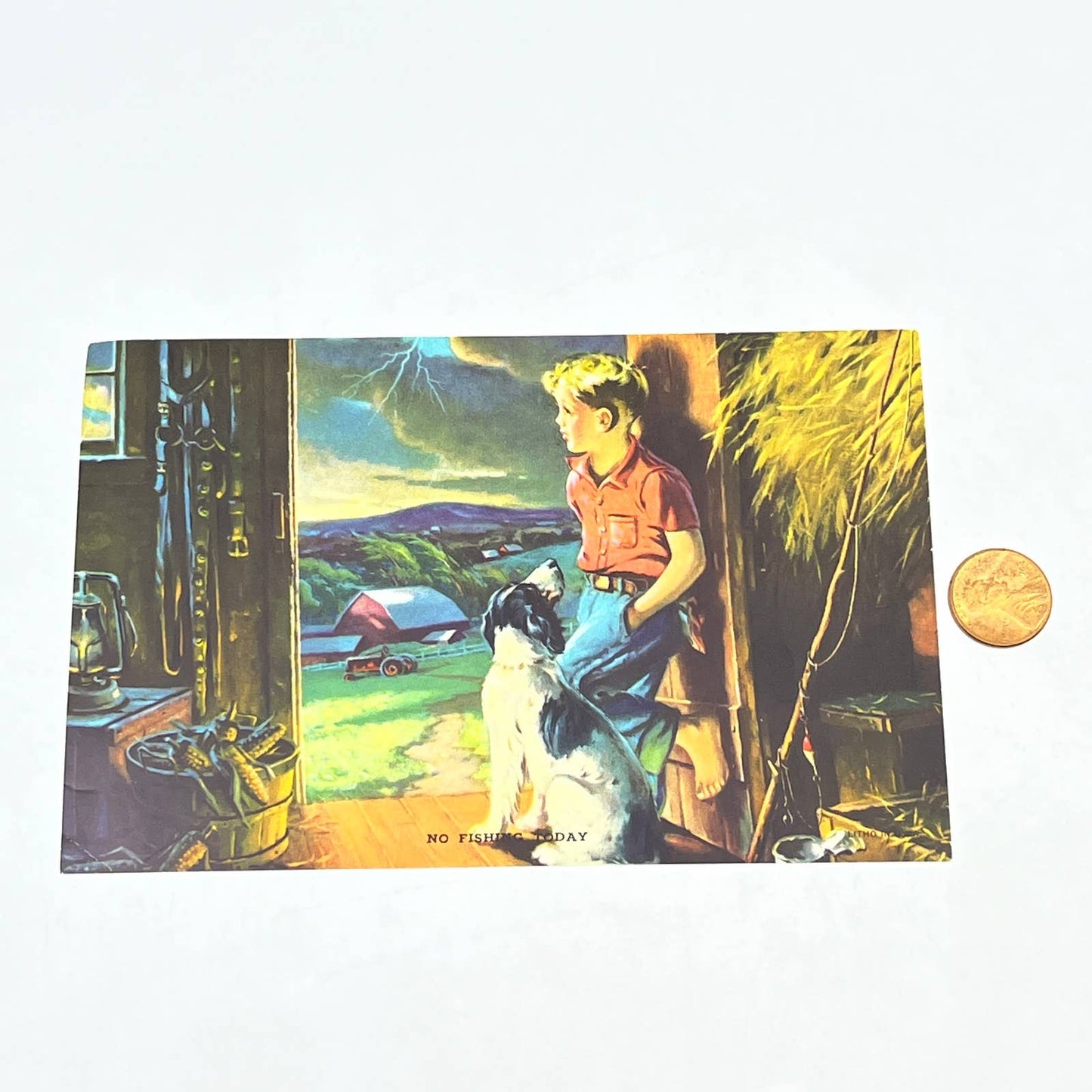 VTG Kitschy Litho Print No Fishing Today Boy in Barn Dog Harold Anderson AC3