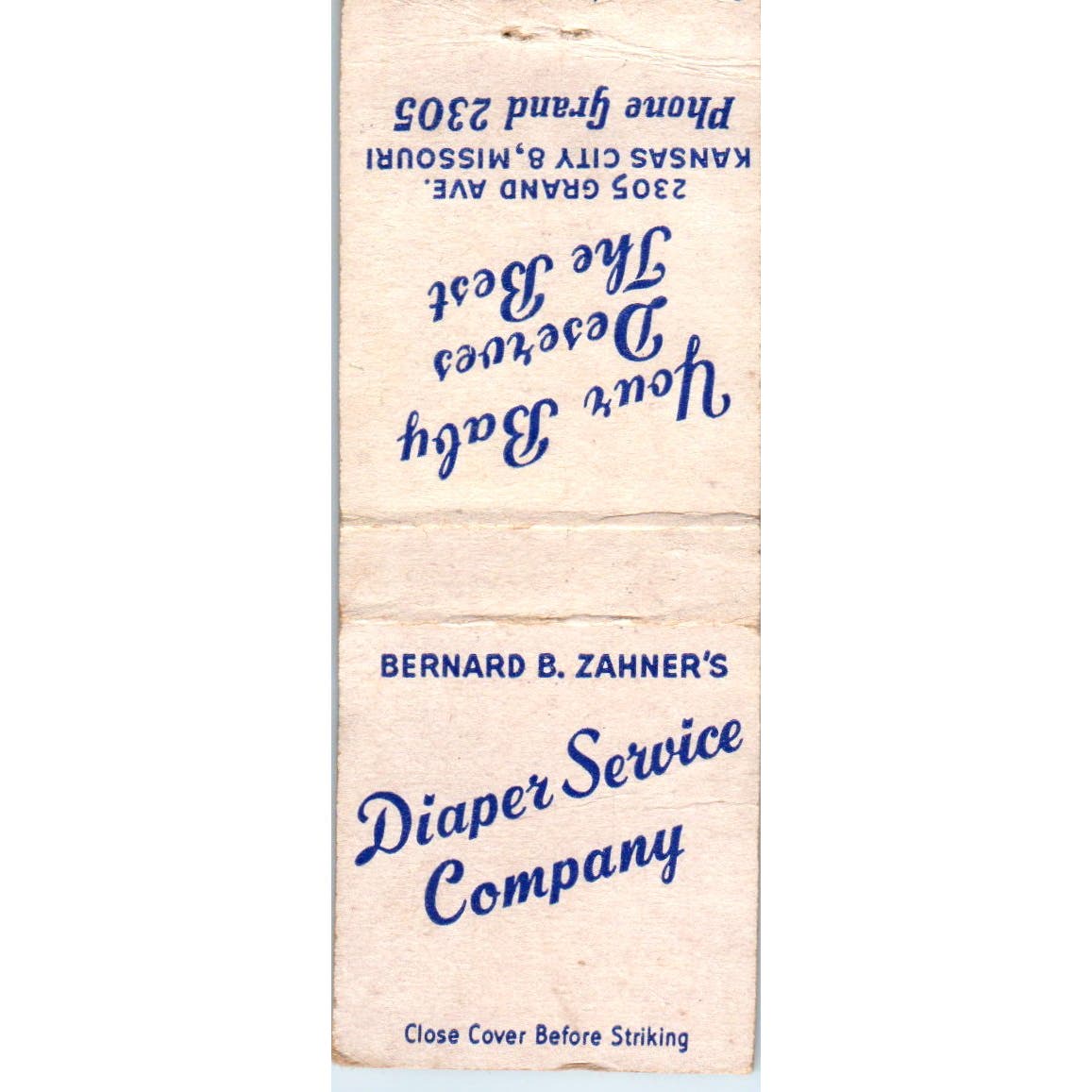 Bernard B. Zahner's Diaper Service Co Kansas City Advertising Matchbook SA9-M2