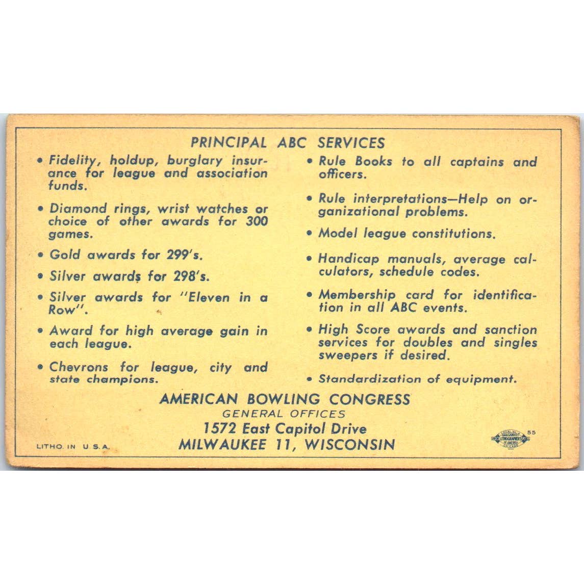 1952 American Bowling Congress Milwaukee Card Walker Lodge K of P 123 SE5-43