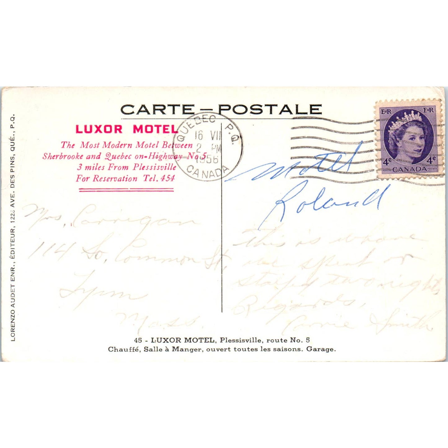 Luxor Motel Sherbrooke Quebec 1956 - Original Postcard TJ7-RP2