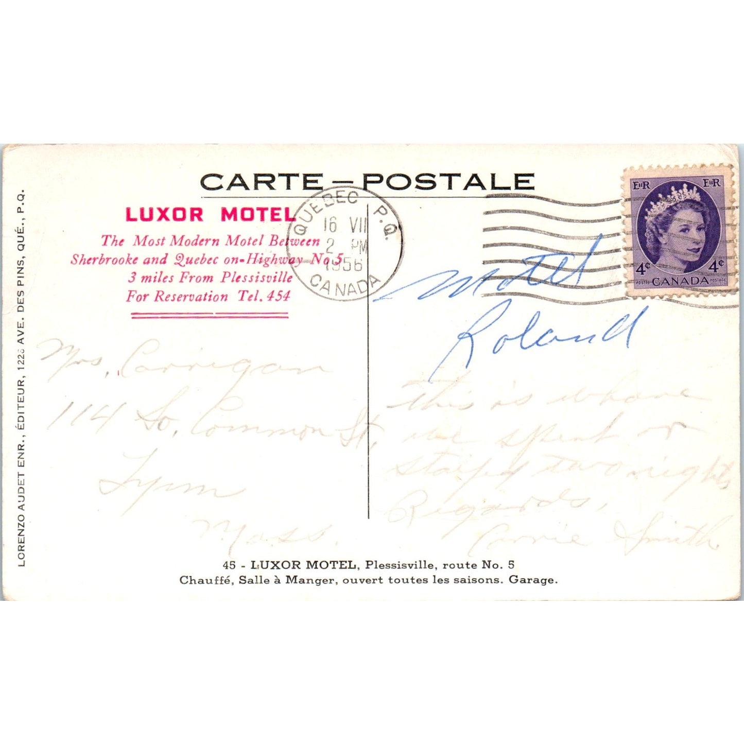 Luxor Motel Sherbrooke Quebec 1956 - Original Postcard P3-4
