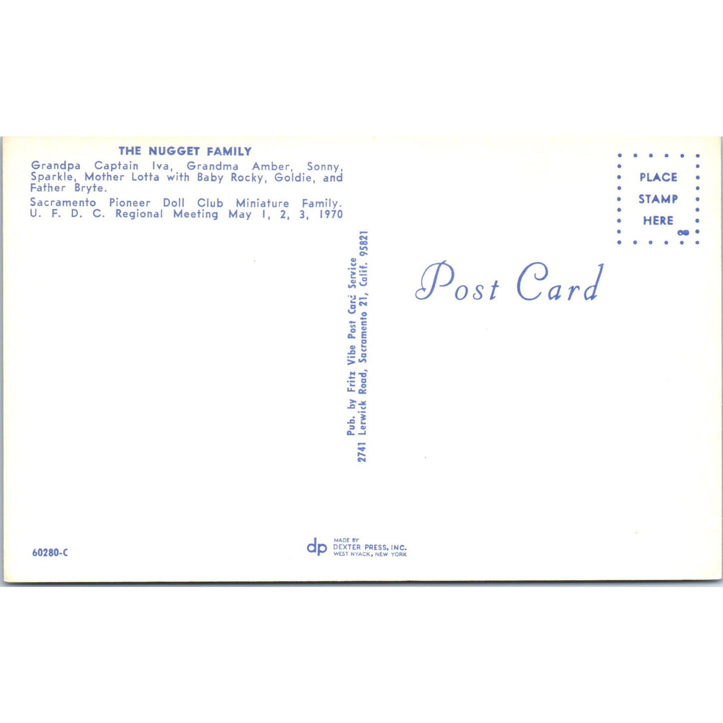 The Nugget Family Sacramento Pioneer Doll Club Miniature Family Postcard PB6