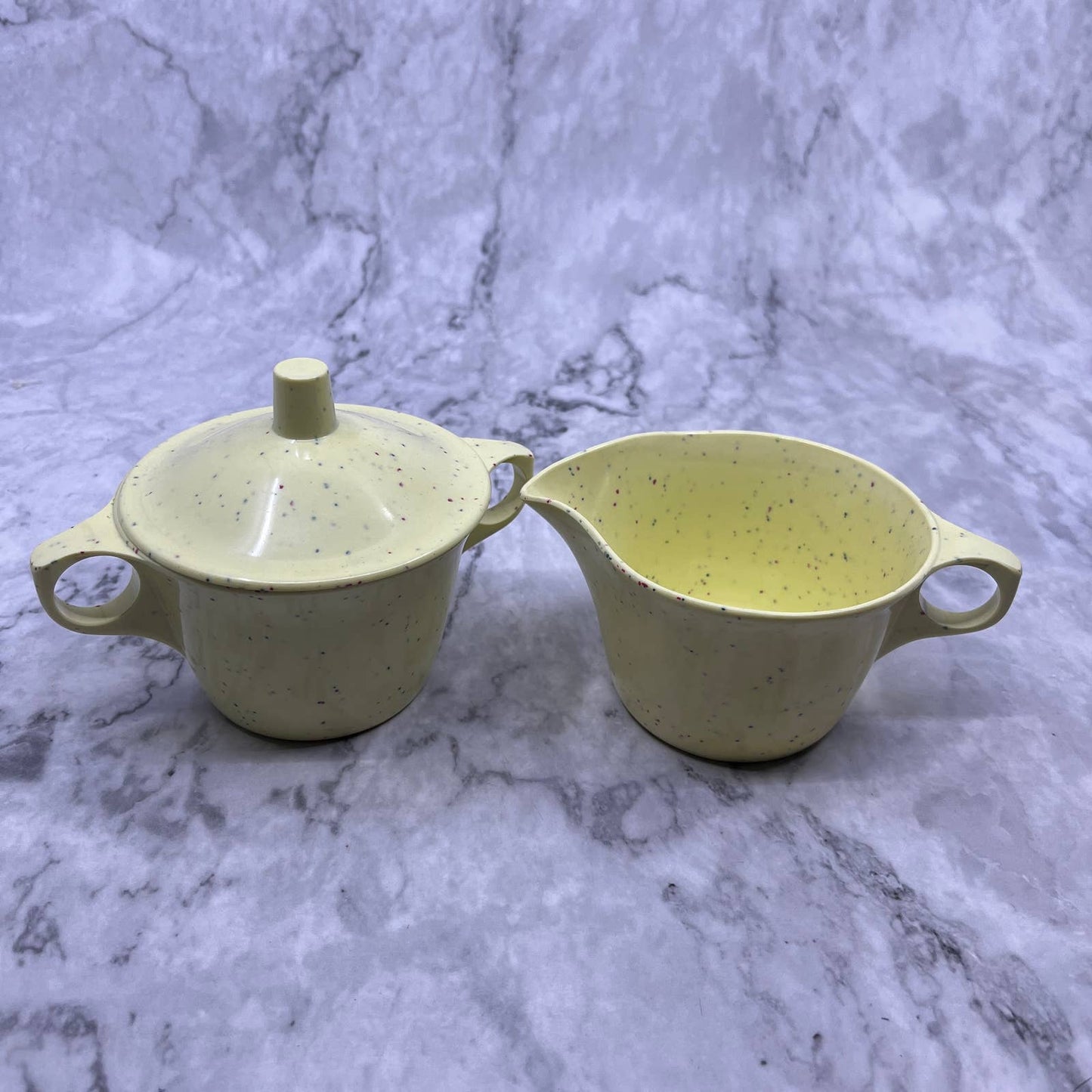 VTG Imperial Ware Speckled Confetti Yellow MCM Cream & Sugar Melmac Malamine TA3