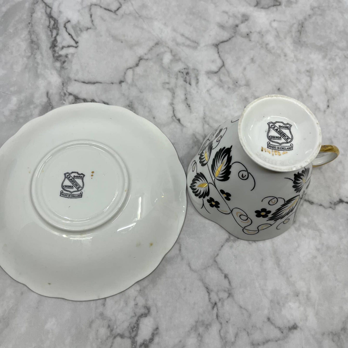 Vtg Clarence Tea Cup & Saucer England Fine bone china Art Deco Black & Gold TD6