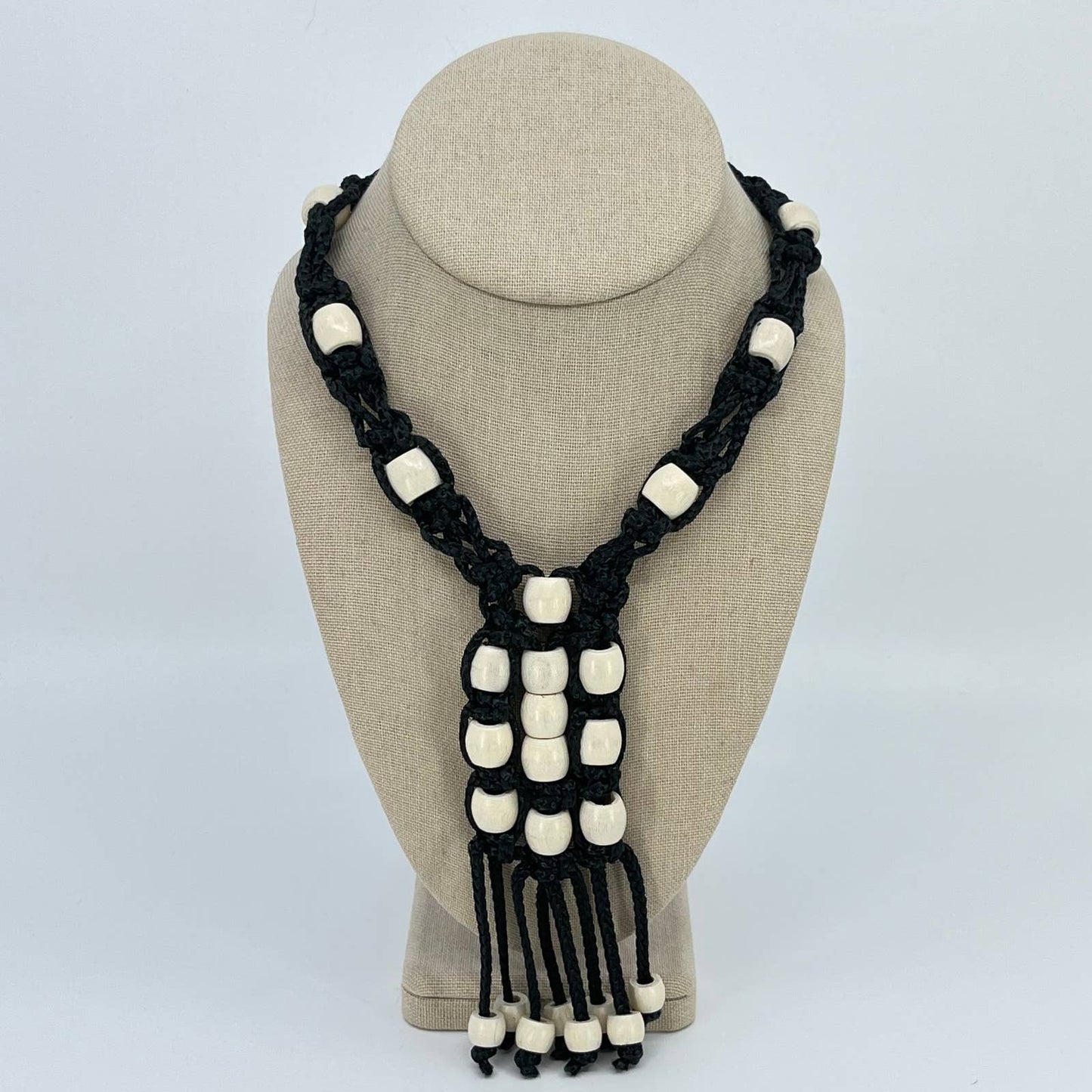 1970s Macrame Necklace Black and White Wood Bead SD2