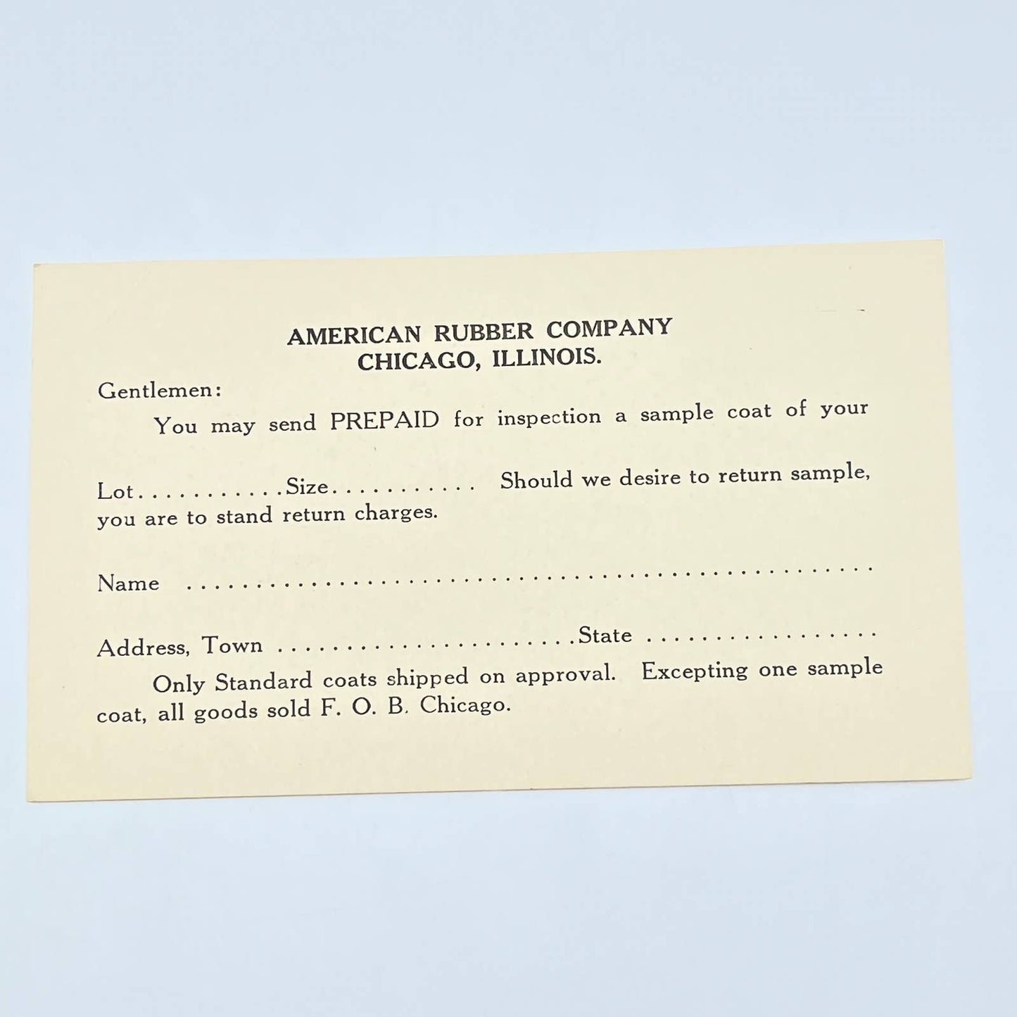 Vintage Postcard Sample Request American Rubber Co. East 63rd St. Chicago IL AC2