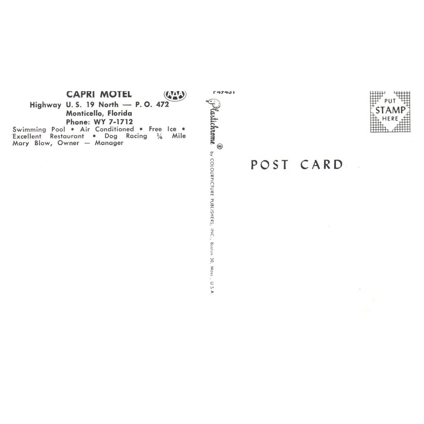 Vintage Postcard - Capri Motel - Monticello Florida AD9