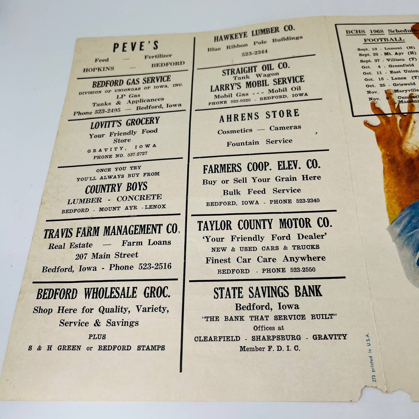 1968 Coca Cola FOOTBALL BCHS Schedule Bedford Bulldogs Greenfield Tigers IL C3