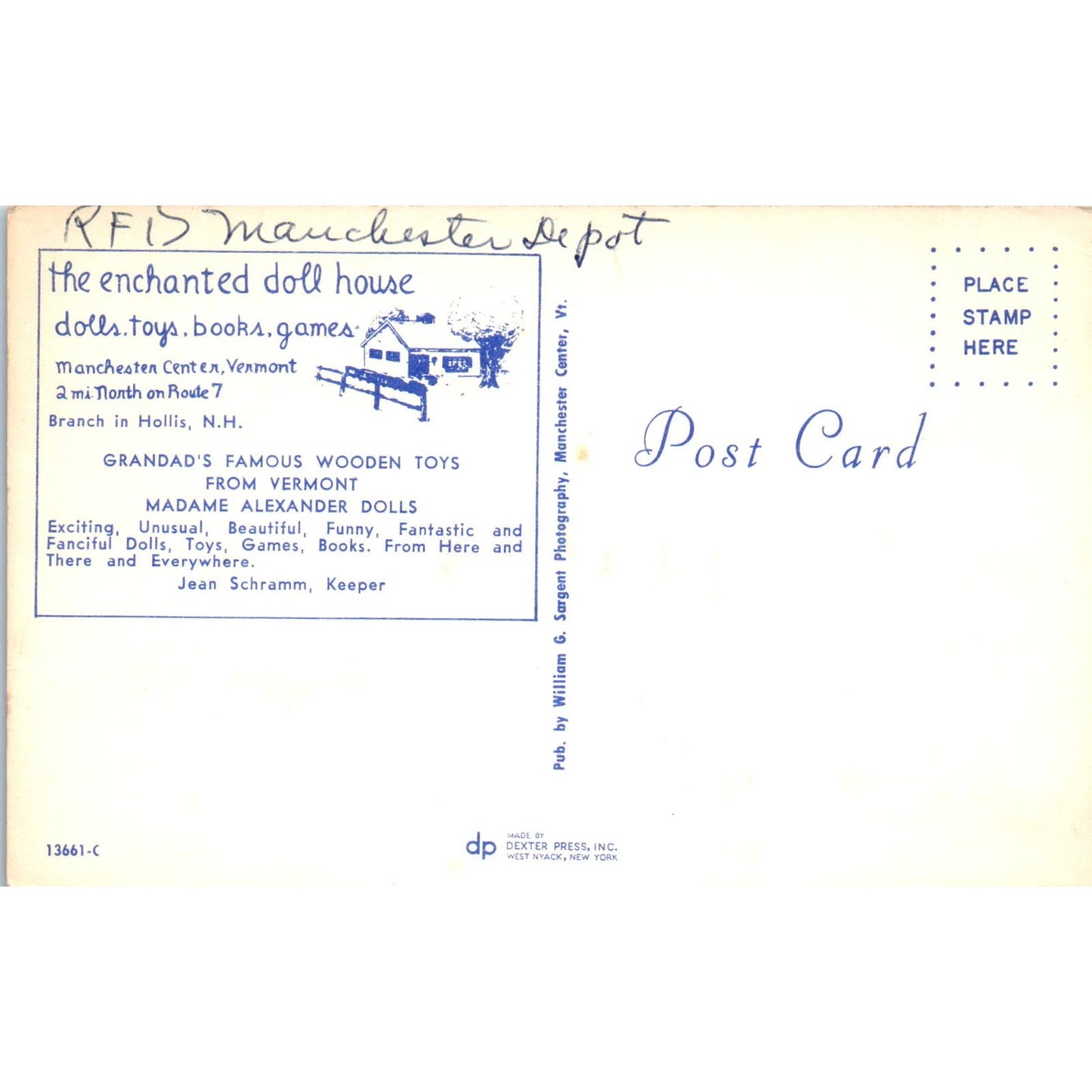 Madame Alexander Dolls Manchester Center VT Original Postcard PB7