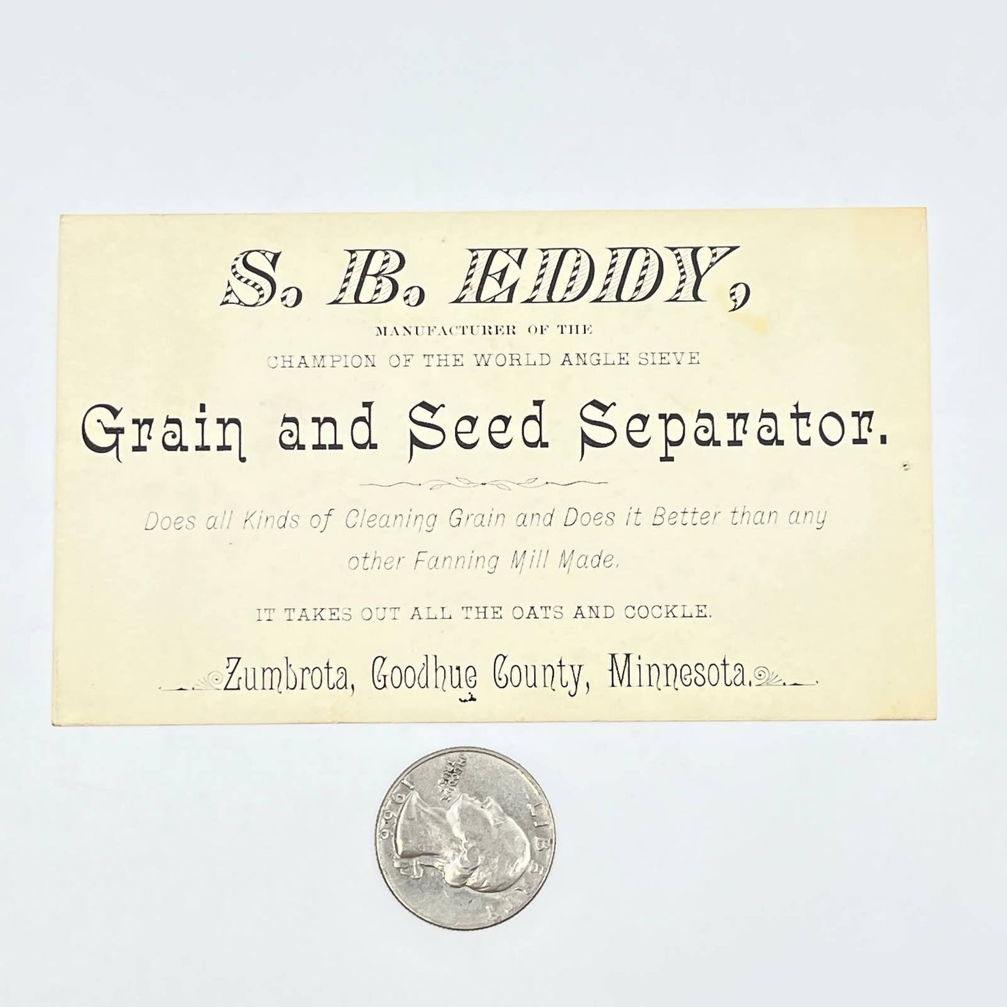 c1900 Trade Card S.B. Eddy Grain & Seed Separator Zumbrota Goodhue County MN AC2