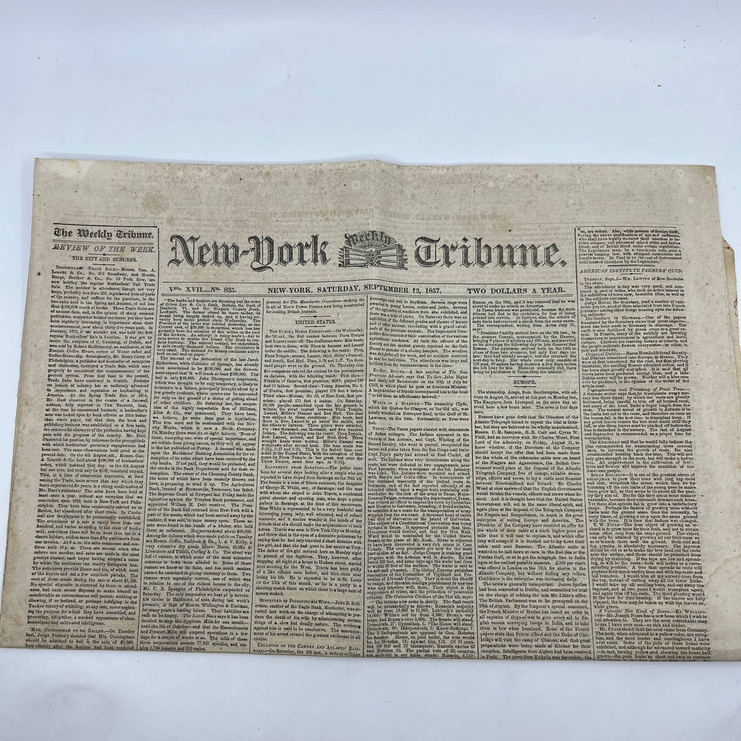 1857 Sep 12 Original New York Tribune - Texas & Native American Relations FL4
