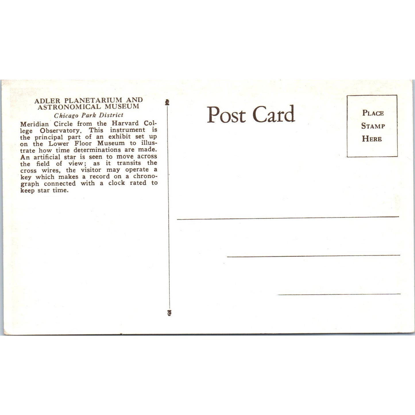 Adler Planetarium and Astronomical Museum Chicago Original Postcard TK1-24