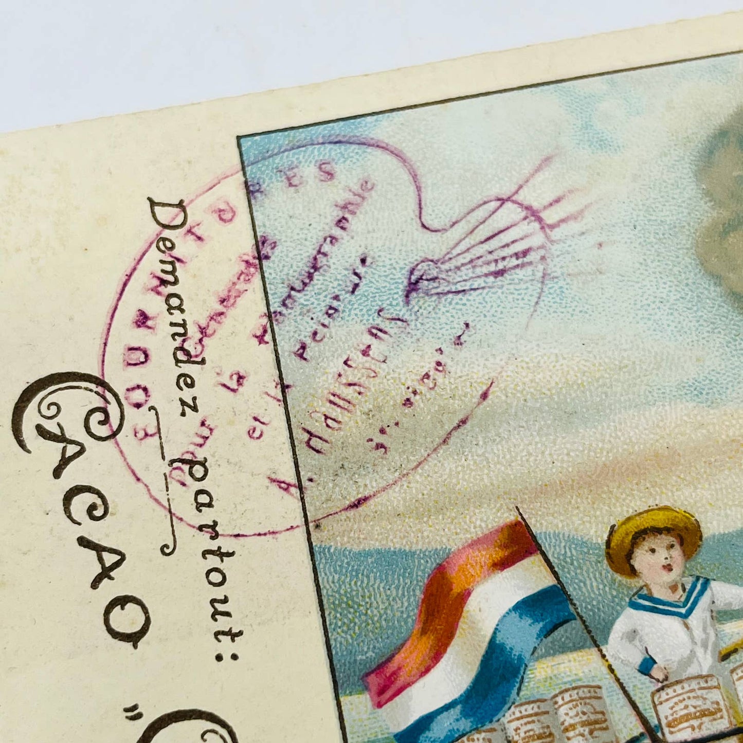 Victorian 1800s French Trade Card Cacao Crooters Children on Tugboat Dog AA3
