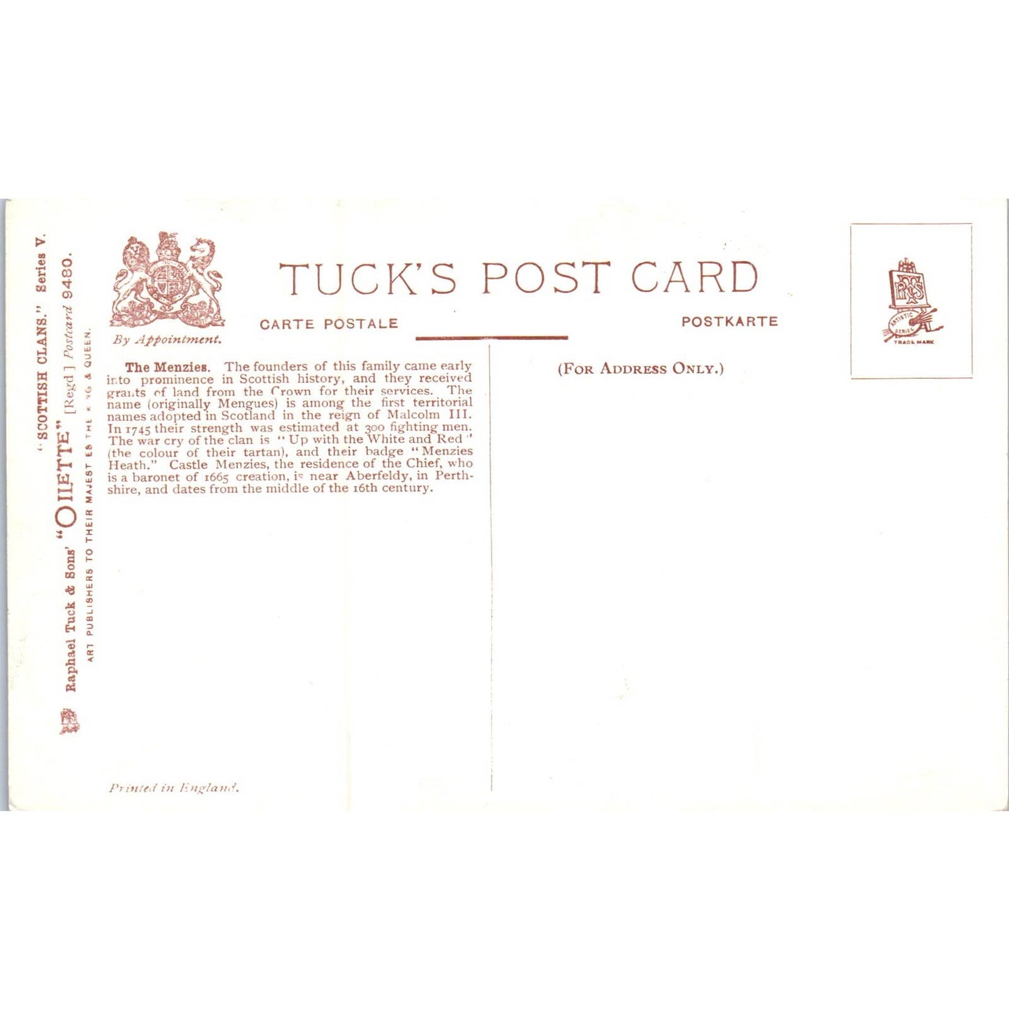 Scottish Clans - The Menzies Raphael Tuck Oilette Original Postcard TK1-P17