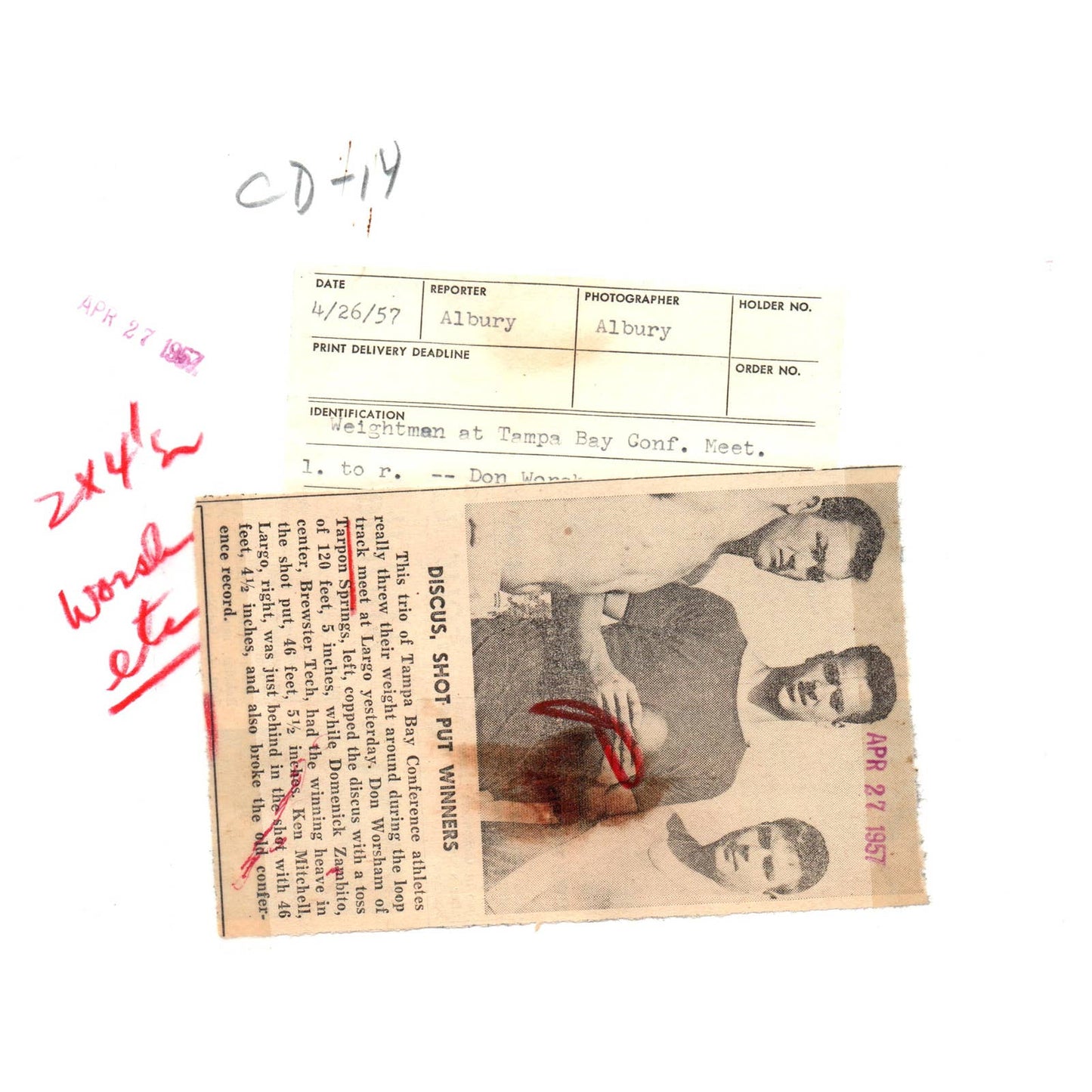 1957 Press Photo Track Don Worsham Domenick Zambito Ken Mitchell ~6x8" AD2