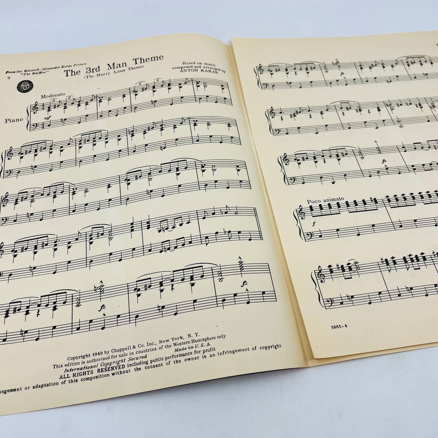 1949 The 3rd Man Harry Lime Theme Anton Karas Orson Welles Sheet Music