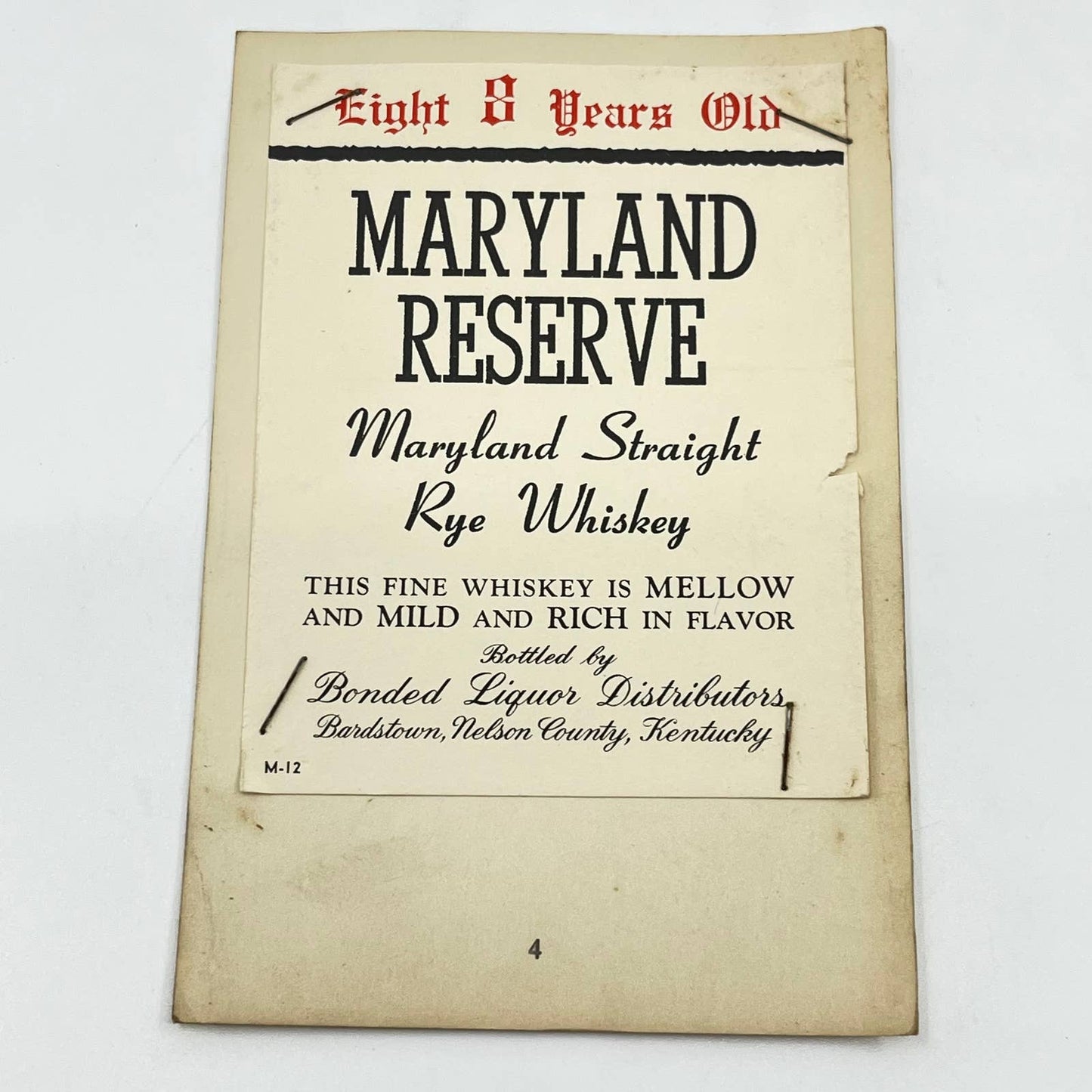 Maryland Reserve Rye Whiskey Label Bonded Liquor Distributors Bardstown