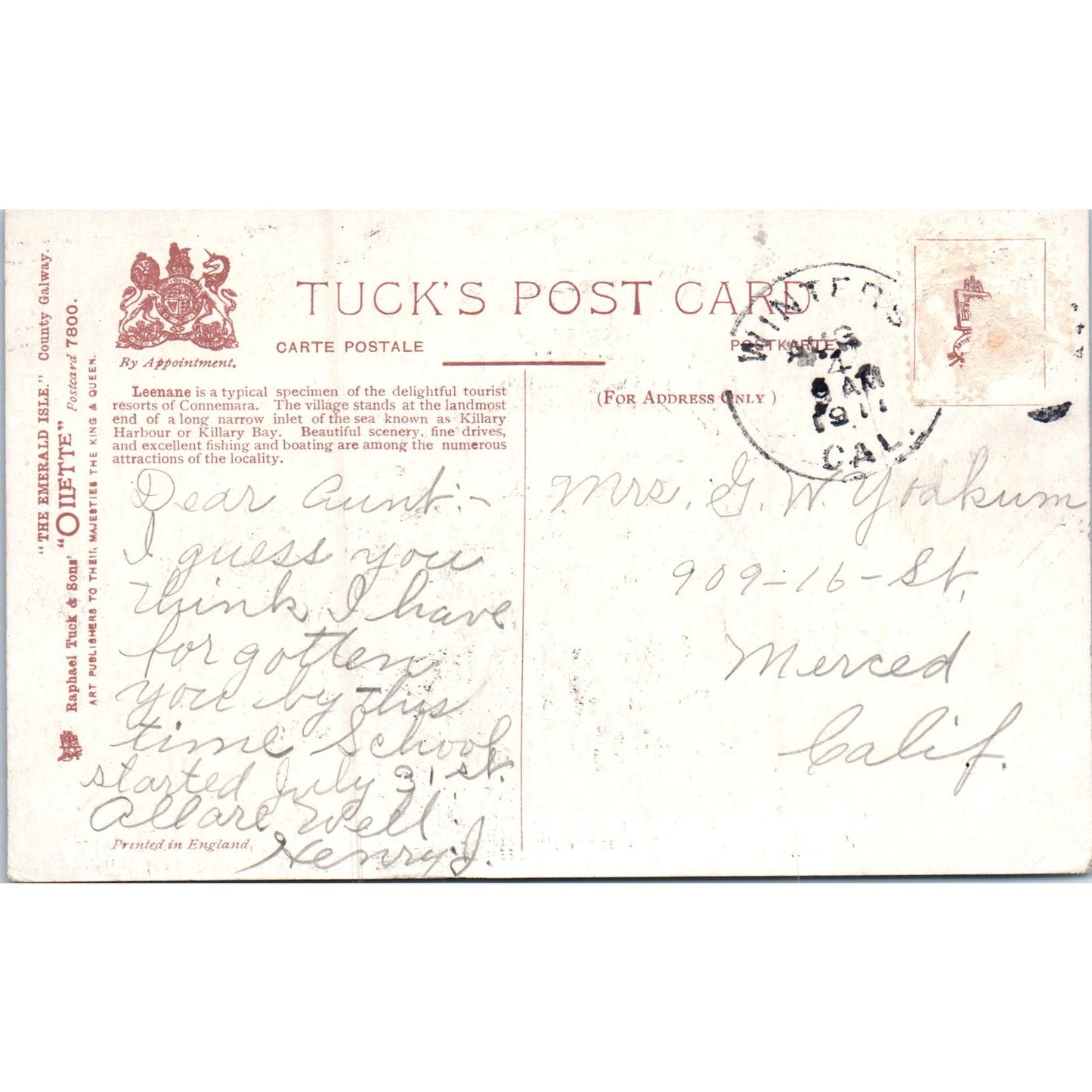 The Emerald Isle Leenane 1911 Raphael Tuck Oilette Original Postcard P3-2