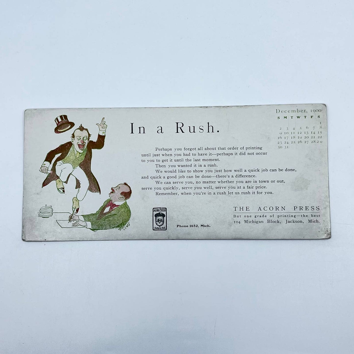 c1900 Blotter Card R.A. Moote The Acorn Press In a Rush Jackson MI SC8