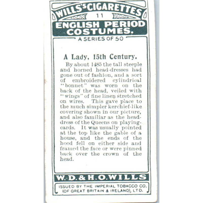 1929 Wills's Cigarette Card English Period Costumes #11 A Lady 15th Century SE5
