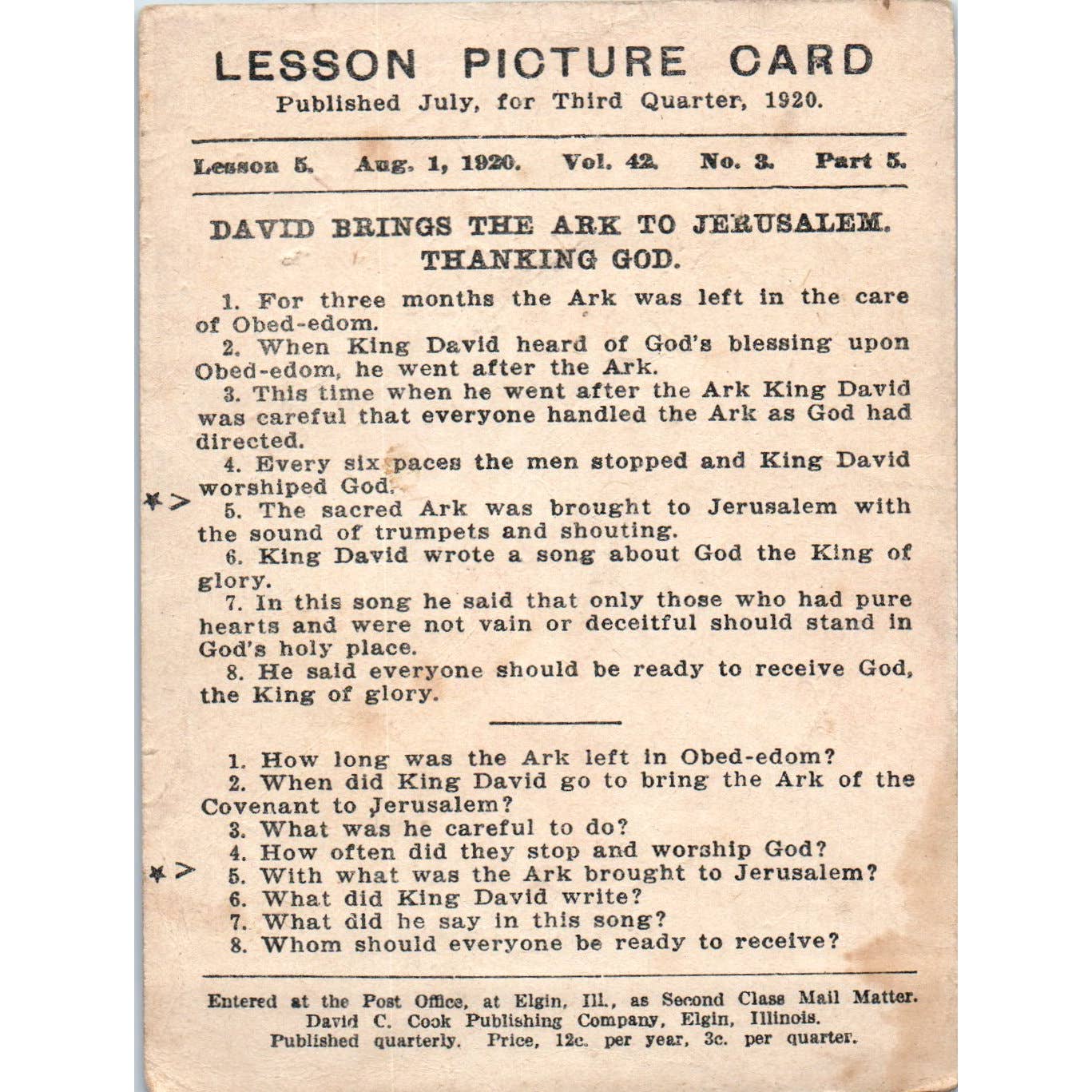 1920 Christian Lesson Picture Card David Brings the Ark to Jerusalem SE5