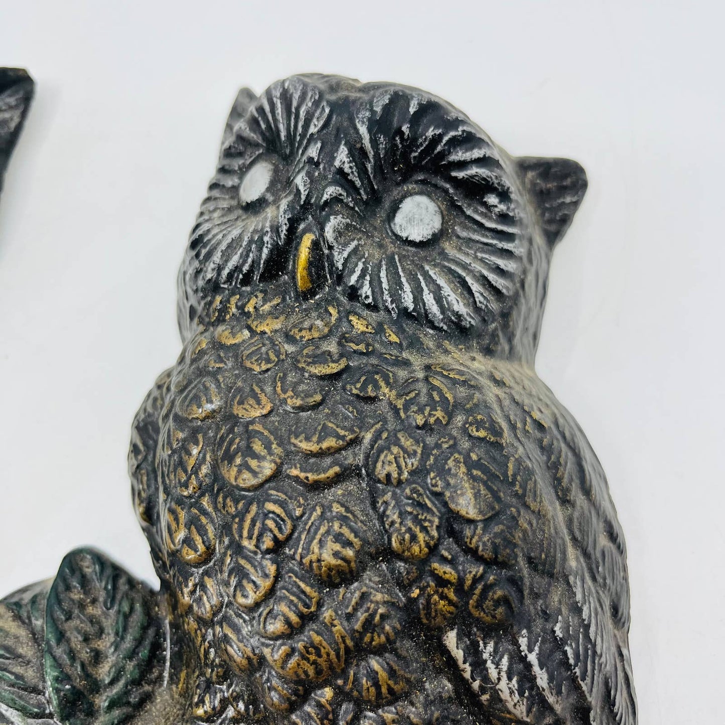 MCM Chalkware Owl Set of 2 Wall Art Mid-Century Modern Black & Gold 7.5” TC6