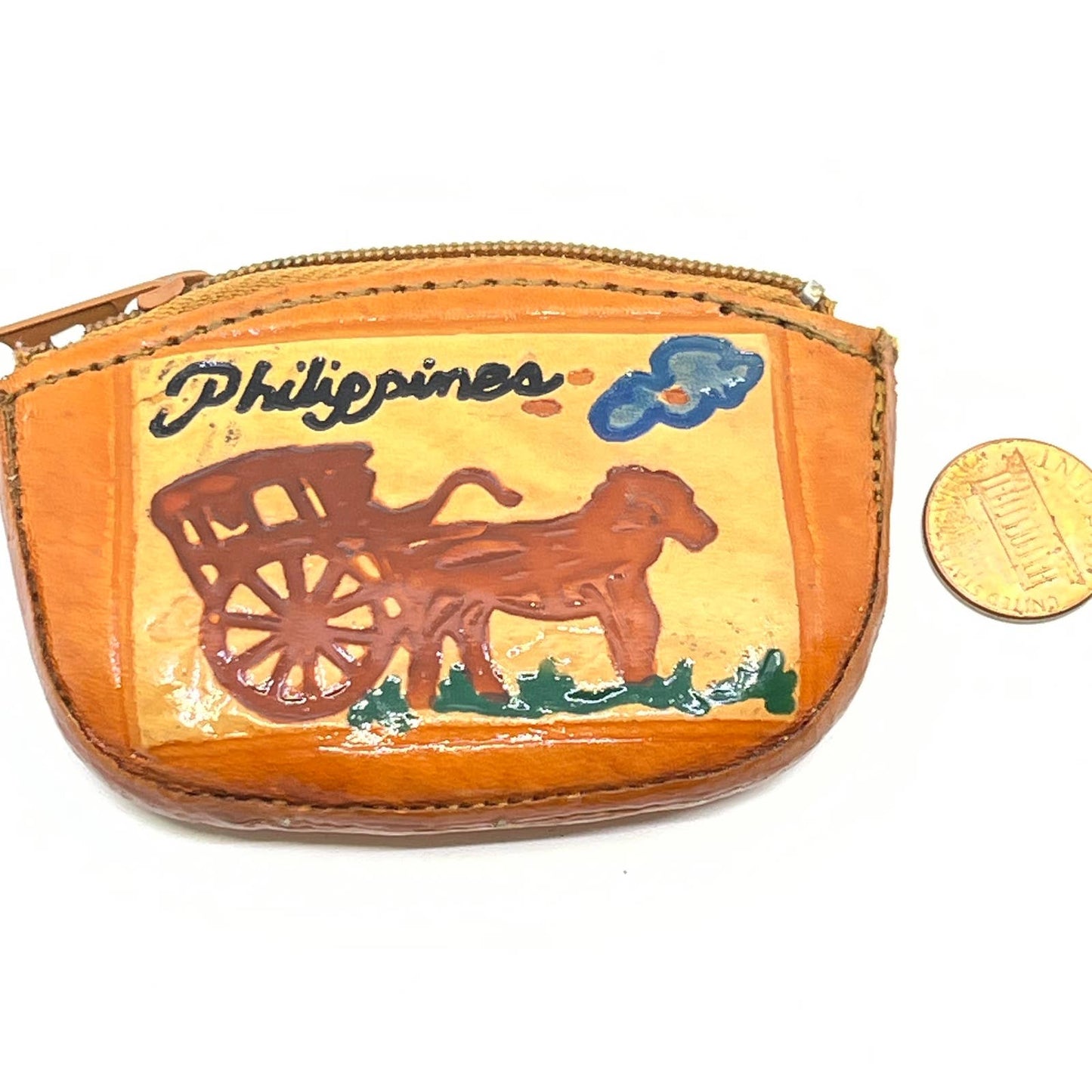 Vintage Hand Painted Leather Philippines Souvenir Coin Purse Horse & Cart SD8