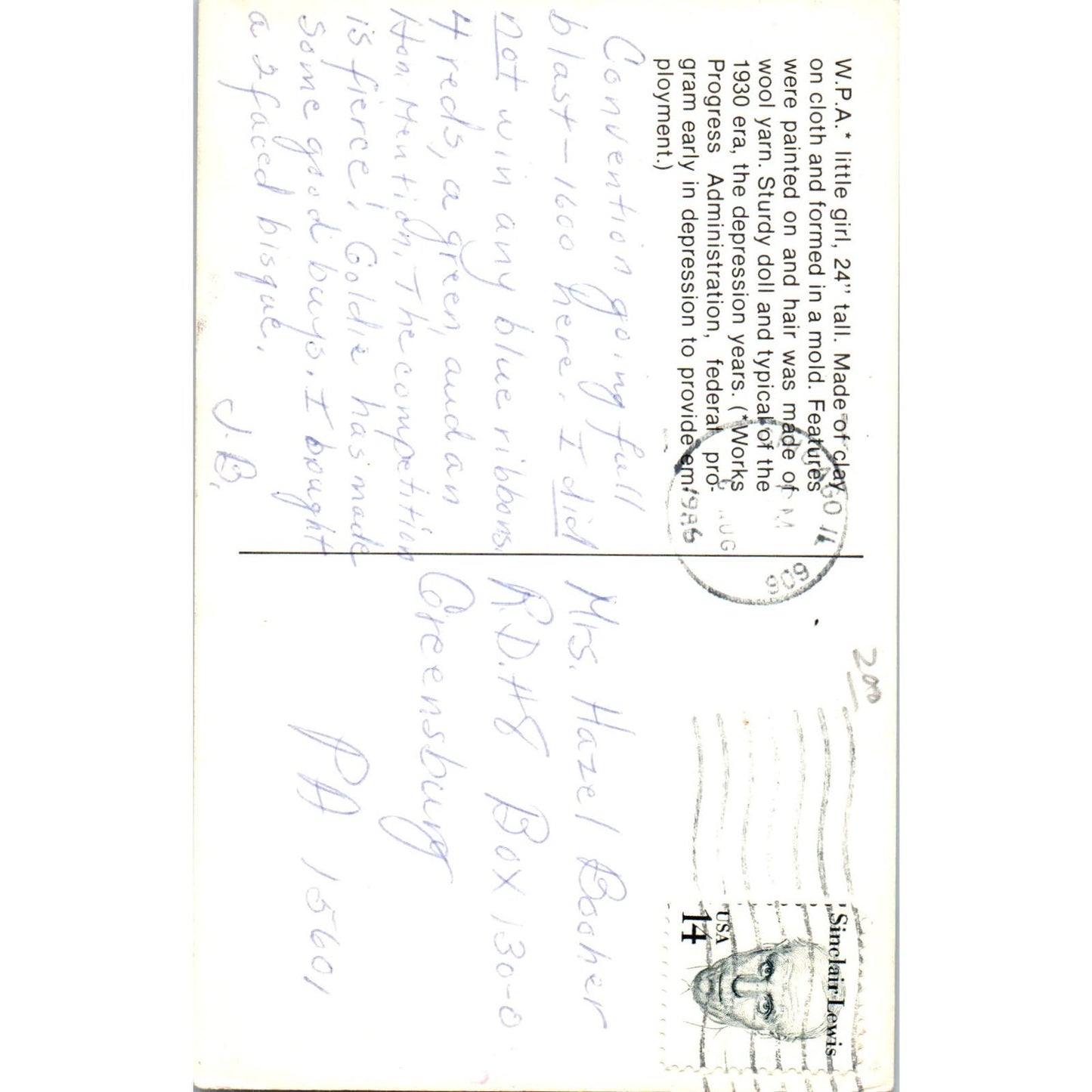 WPA Clay Doll Depression Era Girl in Red Doll Original Postcard PB8